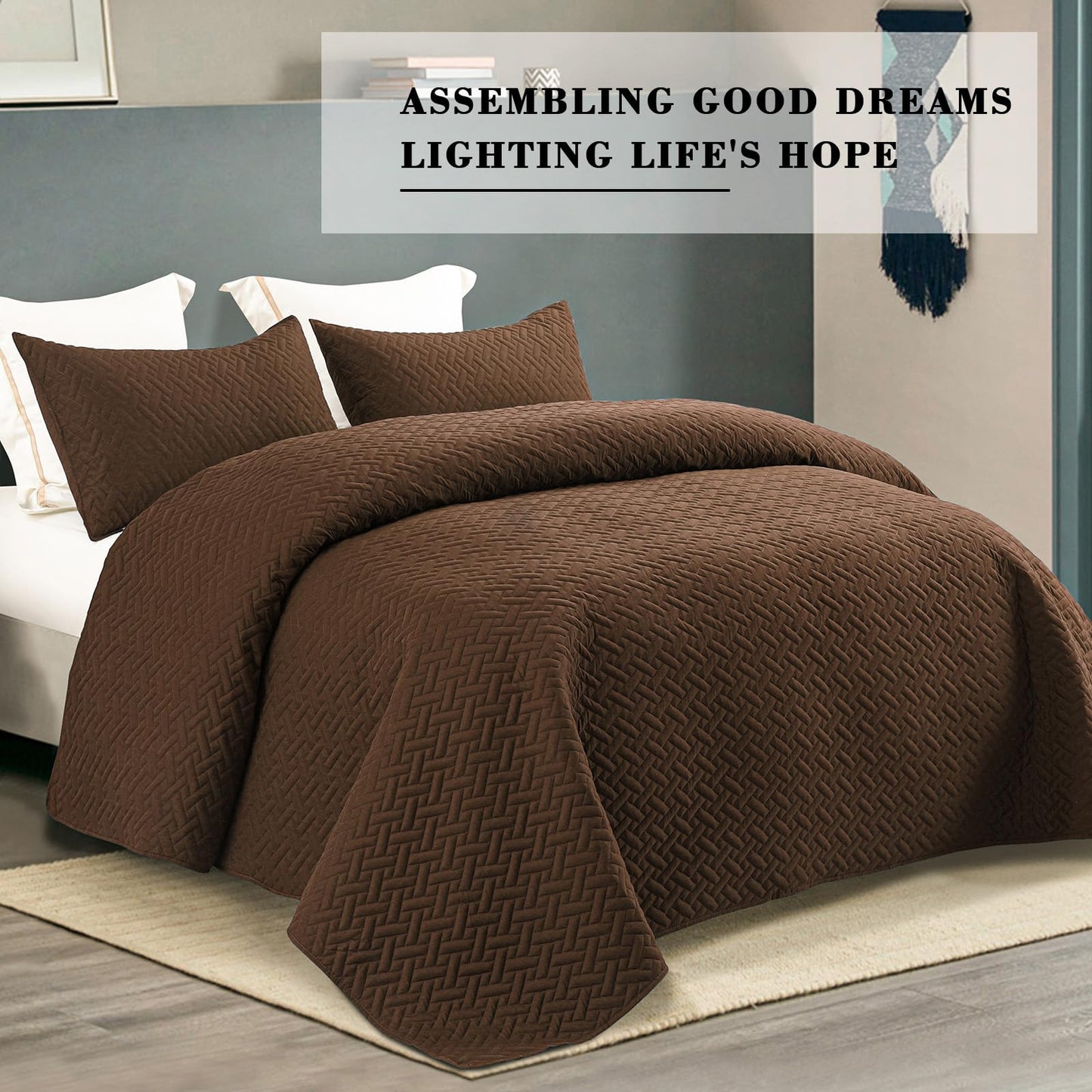Exclusivo Mezcla 3-Piece Queen Size Quilt Set with Pillow Shams, Basket Quilted Bedspread/Coverlet/Bed Cover(96x90 Inches, Brown) -Soft, Lightweight and Reversible