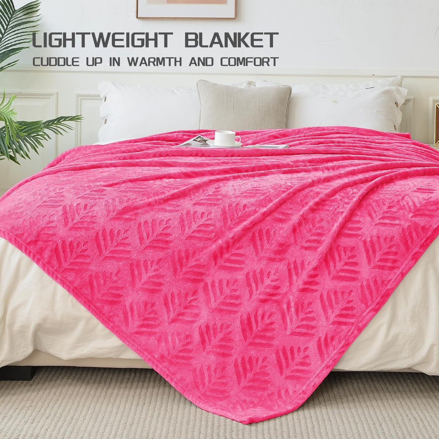 Exclusivo Mezcla Fleece Throw Blanket for Couch, Super Soft and Cozy Blankets All Season Use, Leaves Pattern, Plush Fuzzy Lightweight, Hot Pink, 50x60 Inch