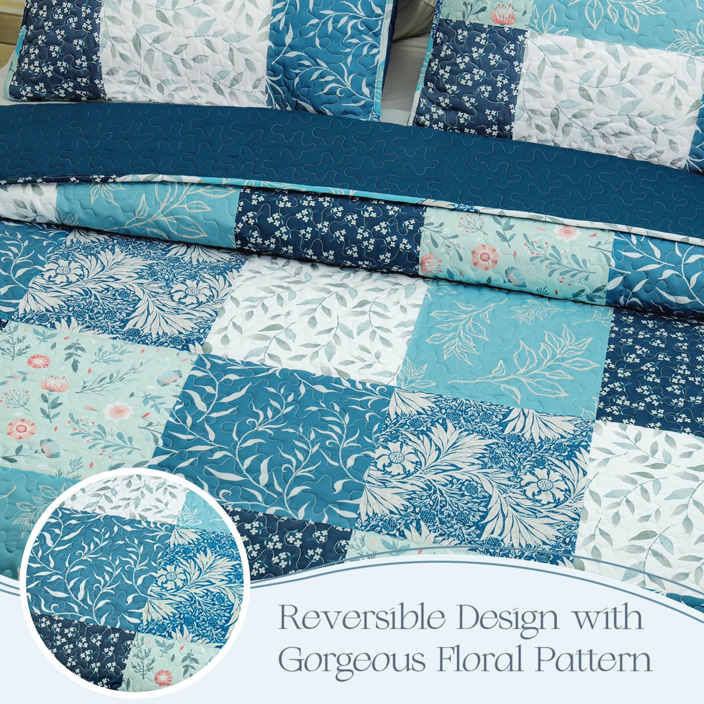 Exclusivo Mezcla Reversible Boho Quilt Set King Size, 3 Pieces Patchwork Navy Blue All Season Bedspreads, Ultra Soft Floral Coverlet Bedding Set with Printed Pattern (1 Quilt, 2 Pillow Shams)