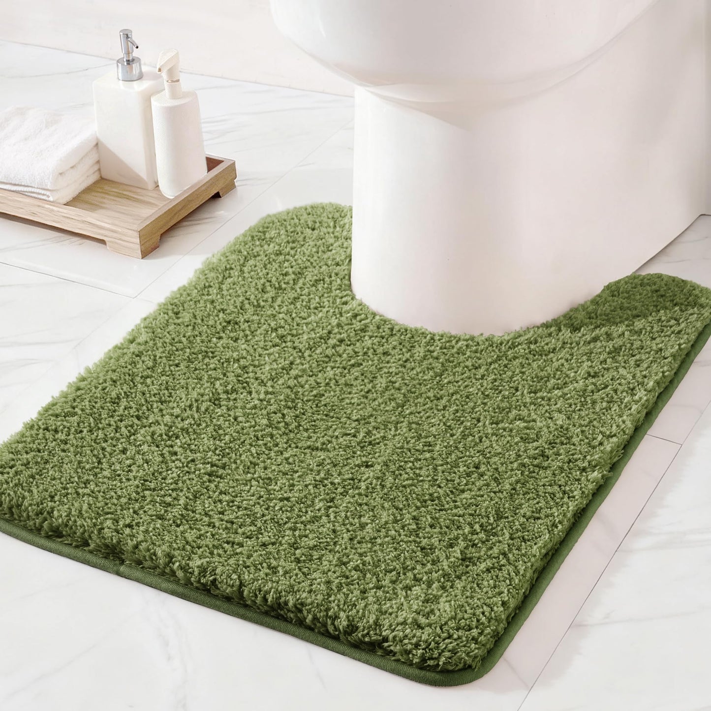 Exclusivo Mezcla Toilet Rugs U-Shaped 20x24, Extra Soft Non Slip Absorbent Water Microfiber Bath Rugs, Machine Washable Quick Dry Bath Mats for Toilet, Solid Olive Green