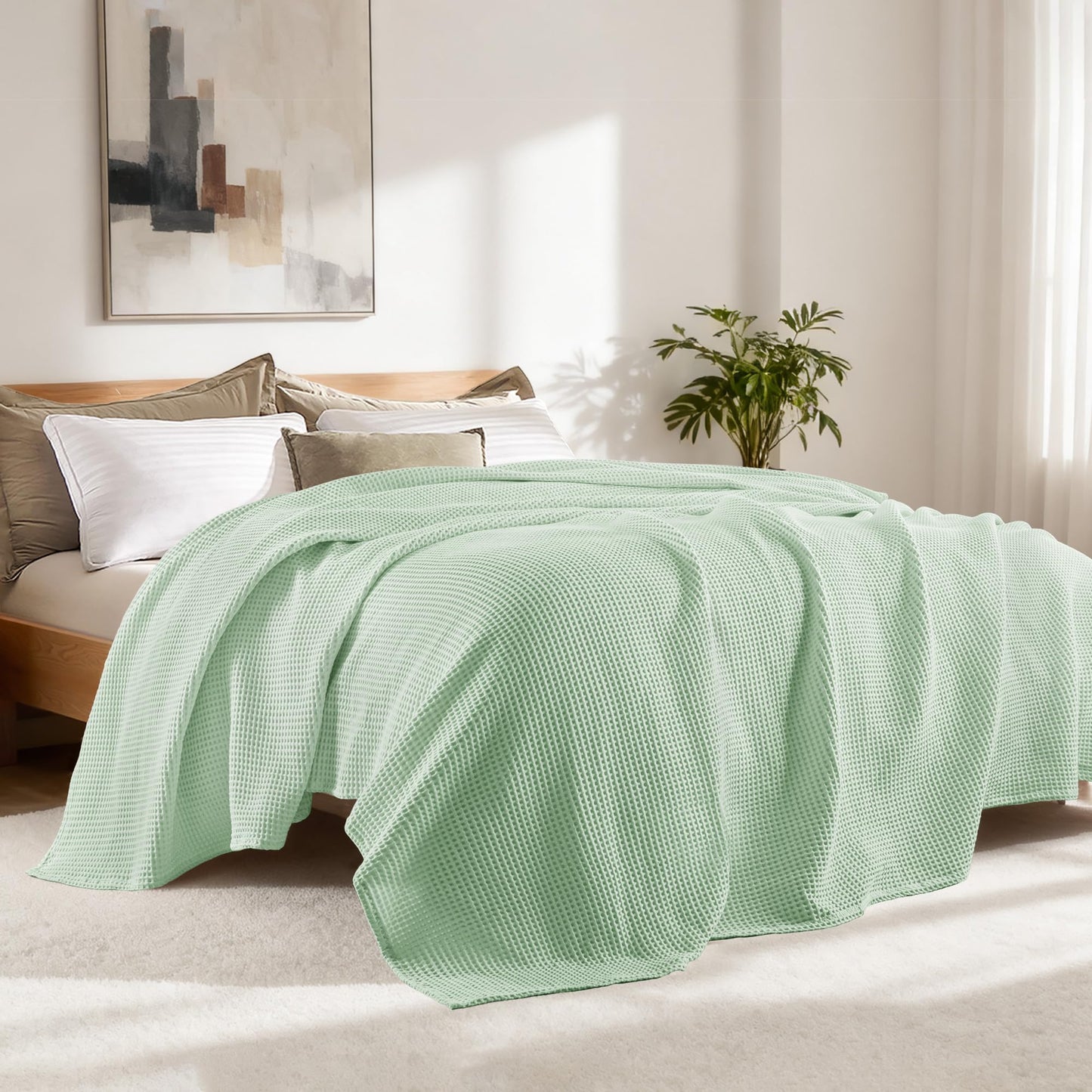 Exclusivo Mezcla 100% Cotton Waffle Weave Blanket Twin Size, Soft, Lightweight and Breathable Muslin Gauze Blanket for Dorm, Home Decor, All Season, 60"x80", Sage Green