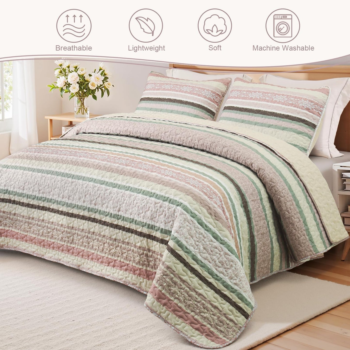 Exclusivo Mezcla Reversible Boho Quilt Set King Size, 3 Pieces Bohemian Striped Pink All Season Bedspreads, Ultra Soft Floral Coverlet Bedding Set with Printed Pattern (1 Quilt, 2 Pillow Shams)