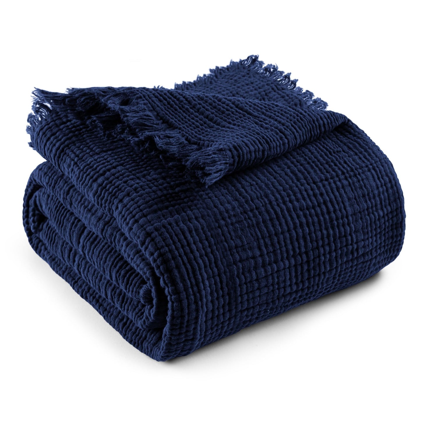 Exclusivo Mezcla 100% Cotton Muslin Throw Blanket , 4 Layers Breathable and Lightweight Gauze Blankets with Fringes for Couch, Soft, Decorative, 50"x70", Navy Blue
