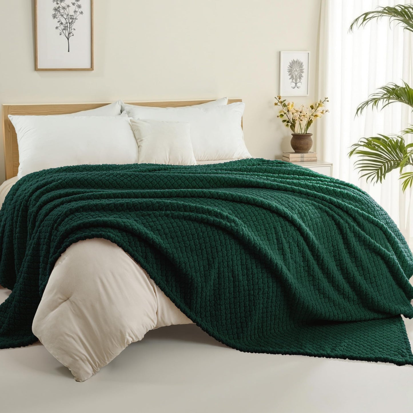 Exclusivo Mezcla Twin Size Flannel Fleece Blanket, Super Soft Jacquard Bed Blanket, Lightweight Fuzzy Warm for All Seasons, 60x80 Inches, Forest Green