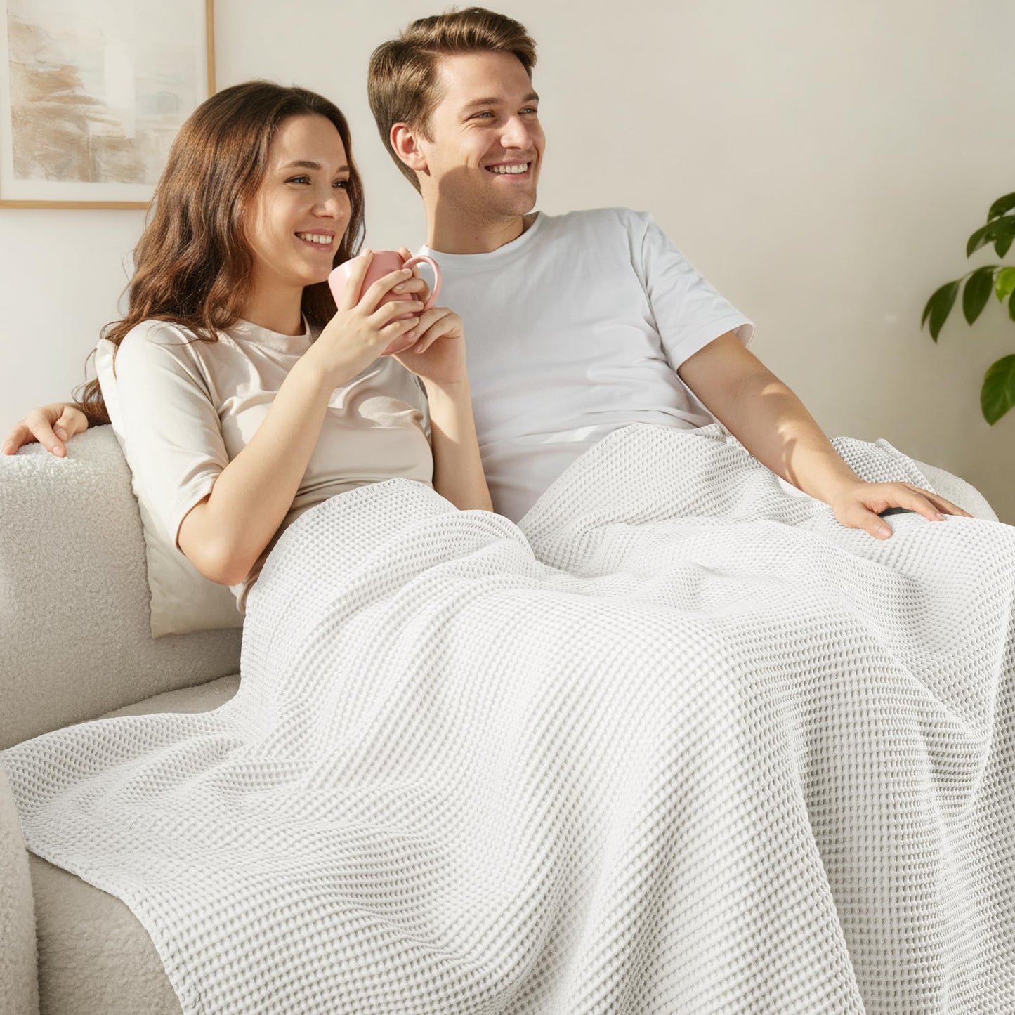 Exclusivo Mezcla 100% Cotton Waffle Weave Blanket Queen Size, Soft, Lightweight and Breathable Muslin Gauze Blanket for Bed, All Season, 90"x90", White