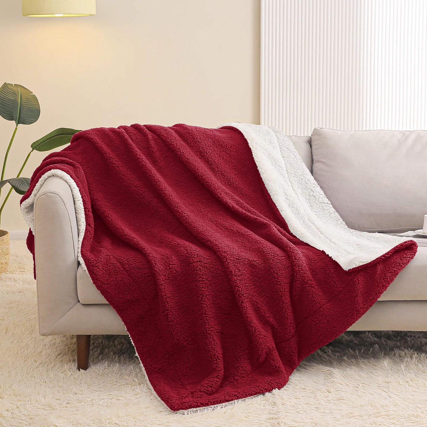 Exclusivo Mezcla Reversible Sherpa Throw Blanket for Couch, Thick and Warm Fleece Blankets for Winter, Soft Plush Fluffy, 50x60 Inches, Burgundy/ Ivory