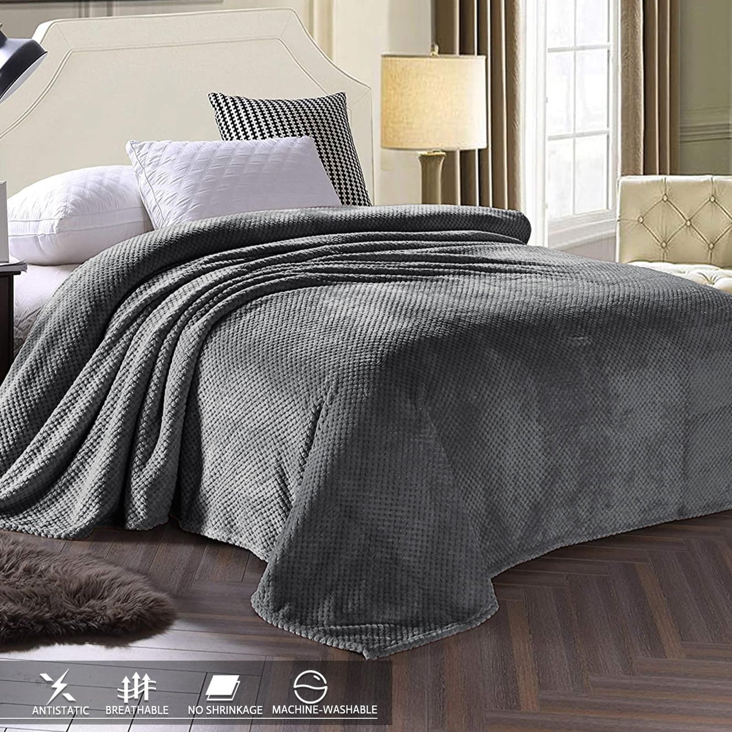 Exclusivo Mezcla Fleece Bed Blanket Twin Size, Super Soft and Warm Blankets for Couch, Sofa and Bed Waffle Textured, Cozy, Fuzzy and Lightweight (Dark Grey, 60x80 inches)