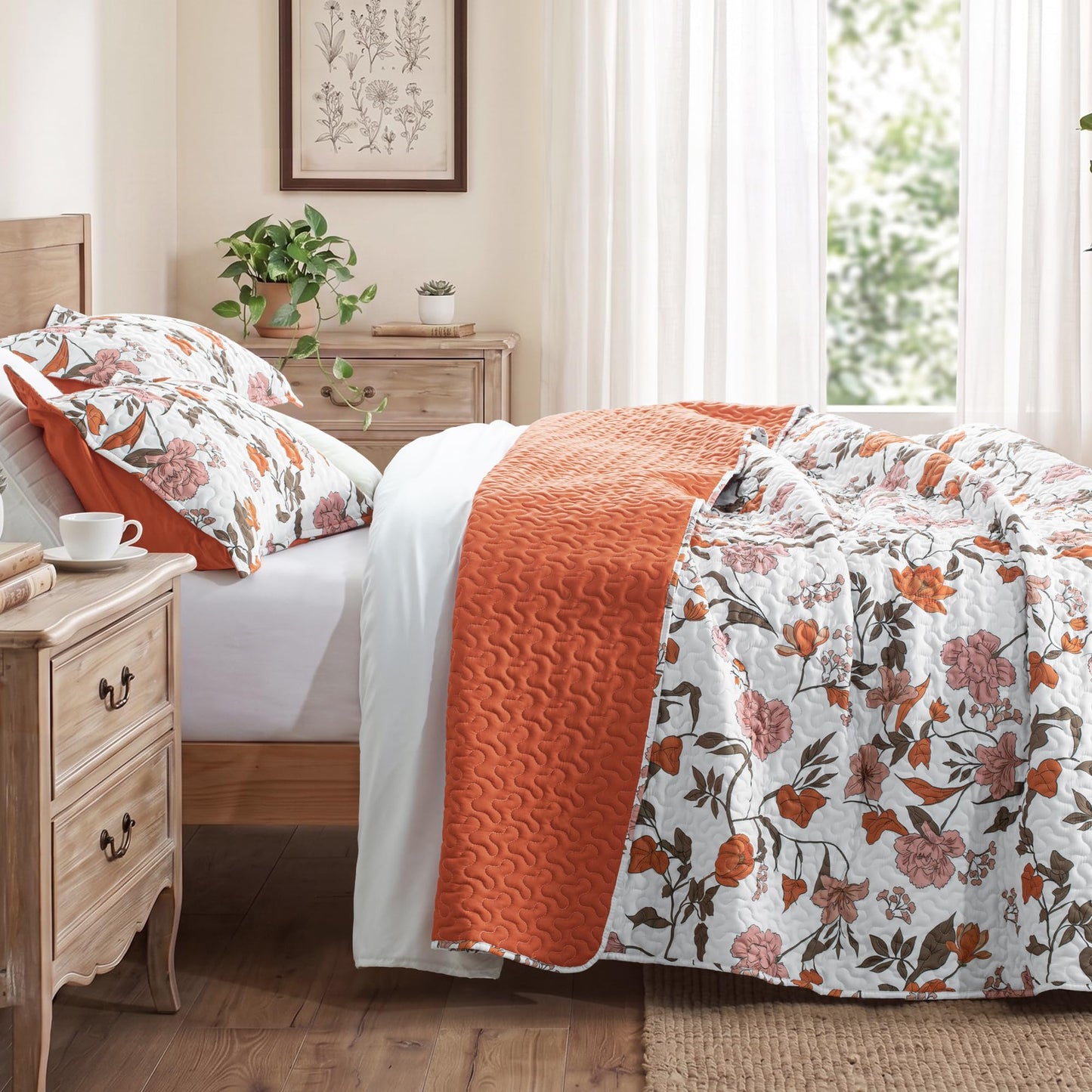 Exclusivo Mezcla Floral Quilts Queen Size, Queen Quilt Bedding Set with Orange Chic Vintage Garden Pattern, Reversible Lightweight Spring Bedspreads Coverlets Bed Cover for All Seasons (92"x96")