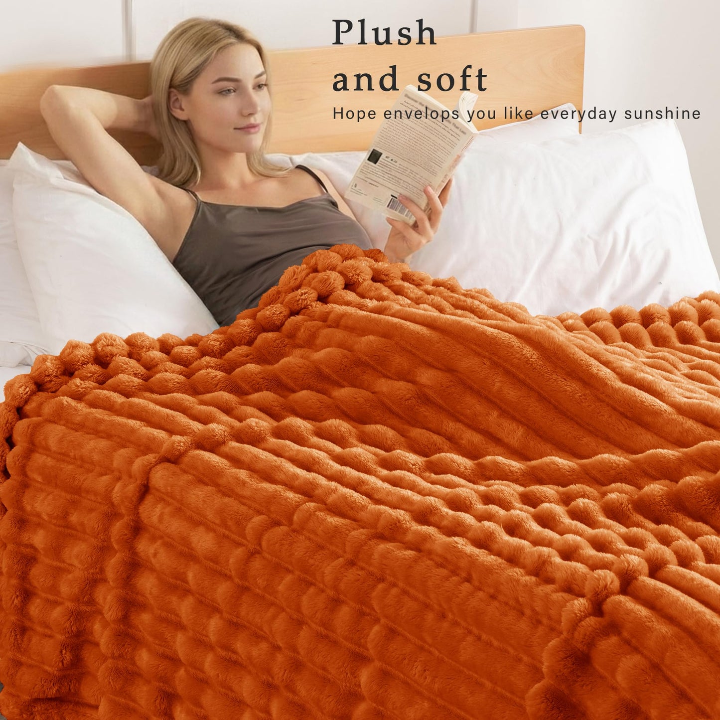 Exclusivo Mezcla Fleece Throw Blanket for Couch, Super Soft 3D Striped Jacquard Blanket, Lightweight Fuzzy Cozy Blankets, Burnt Orange, 50"x60"