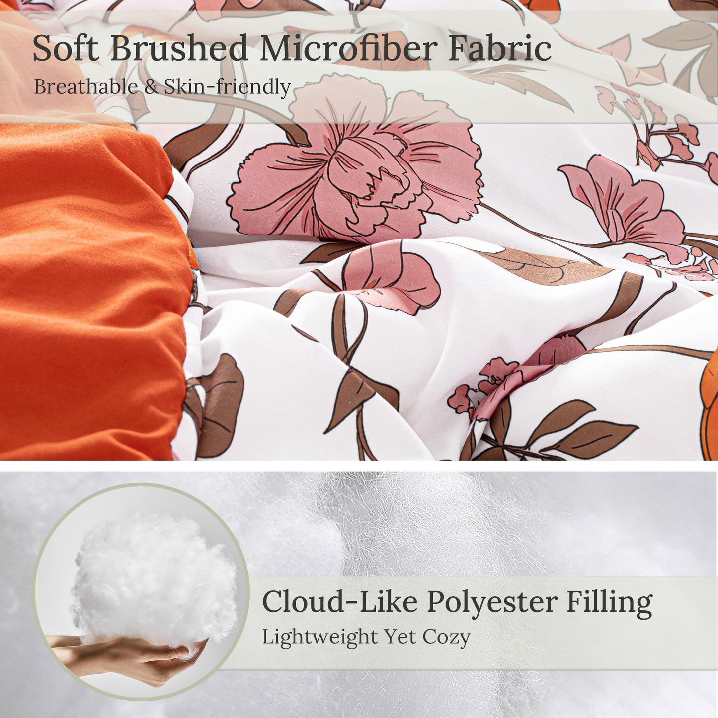 Exclusivo Mezcla Floral Queen Comforter Set, 3 Pieces Lightweight Reversible Soft Bedding Comforters for All Seasons, Orange Botanical Flowers Pattern