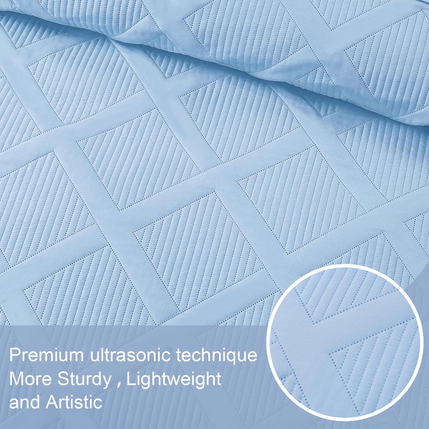 Exclusivo Mezcla Full Queen Size Quilt Set with Modern Striped Pattern, 3 Pieces Lightweight Sky Blue Quilts Bedding Set, Soft Bedspreads Coverlets for All Seasons