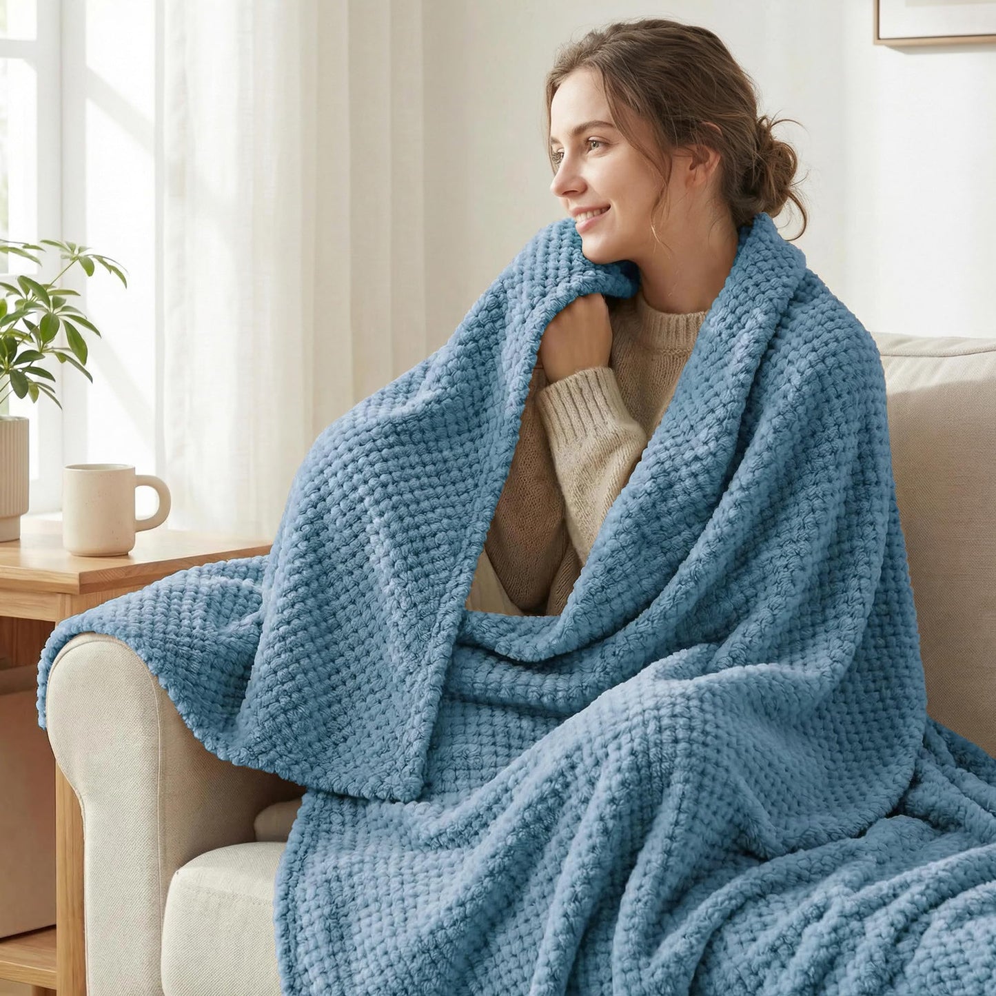 Exclusivo Mezcla Fleece Bed Blanket Twin Size, Super Soft and Warm Blankets for Couch, Sofa and Bed Waffle Textured, Cozy, Fuzzy and Lightweight (Slate Blue, 60x80 inches)