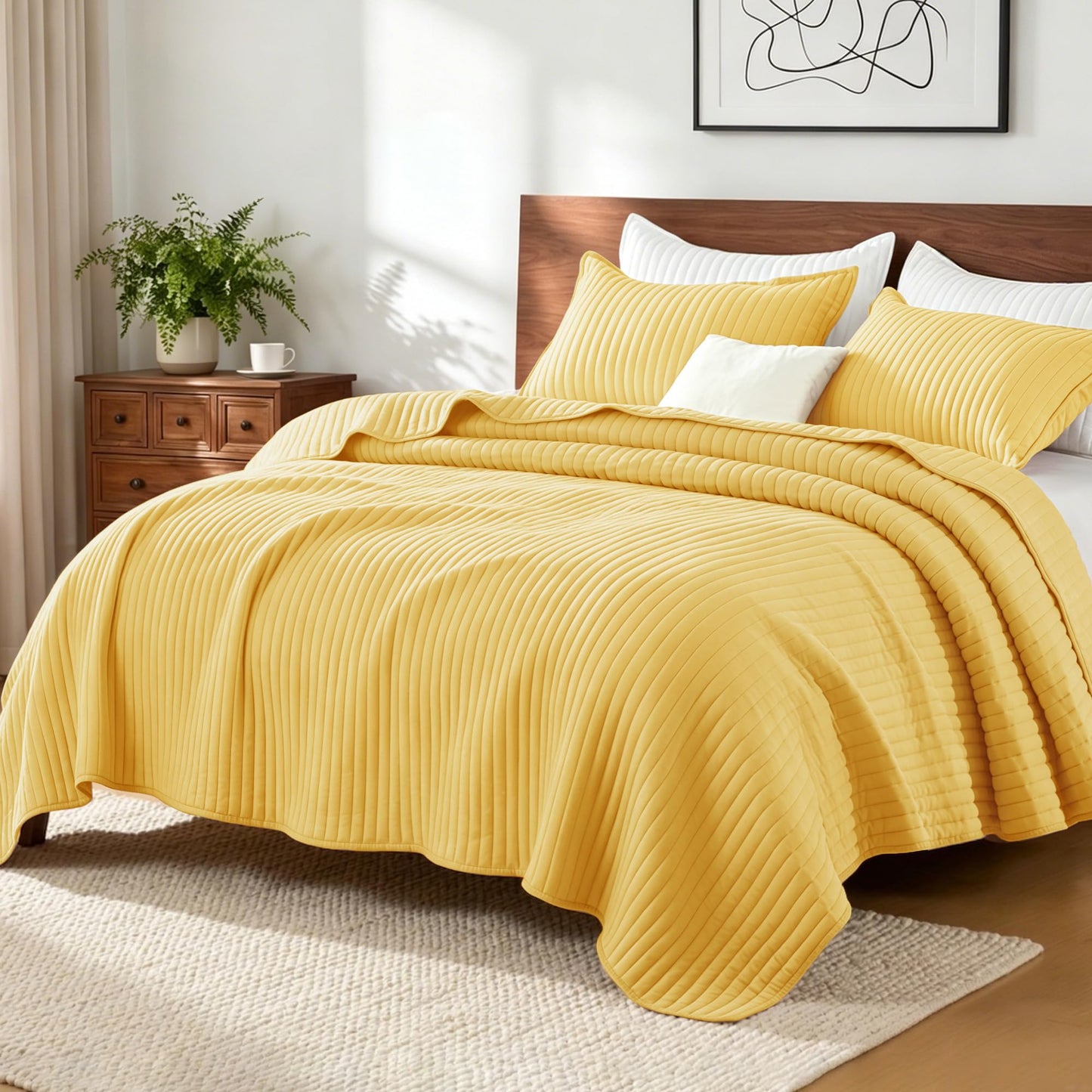 Exclusivo Mezcla Twin Quilt Bedding Set, Stripe Stitching Yellow Quilts Twin Size for All Seasons, Soft Lightweight Microfiber Bedspreads Coverlets Bed Cover, 68"x88"