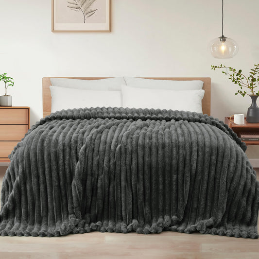 Exclusivo Mezcla California King Size Flannel Fleece Blanket, Super Soft Striped Jacquard Bed Oversized Blanket, Lightweight Fuzzy Cozy for All Seasons, 120x120 Inches, Grey