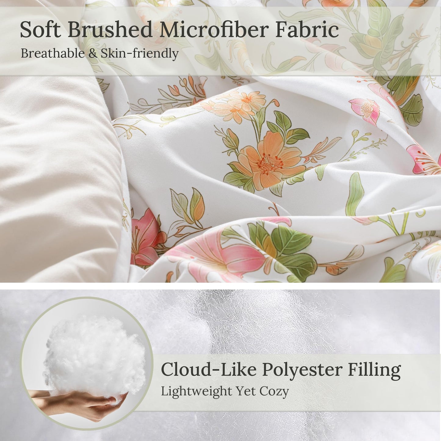 Exclusivo Mezcla Floral King Comforter Set, 3 Pieces Lightweight Reversible Soft Bedding Comforters for All Seasons, Beige Botanical Flowers Pattern