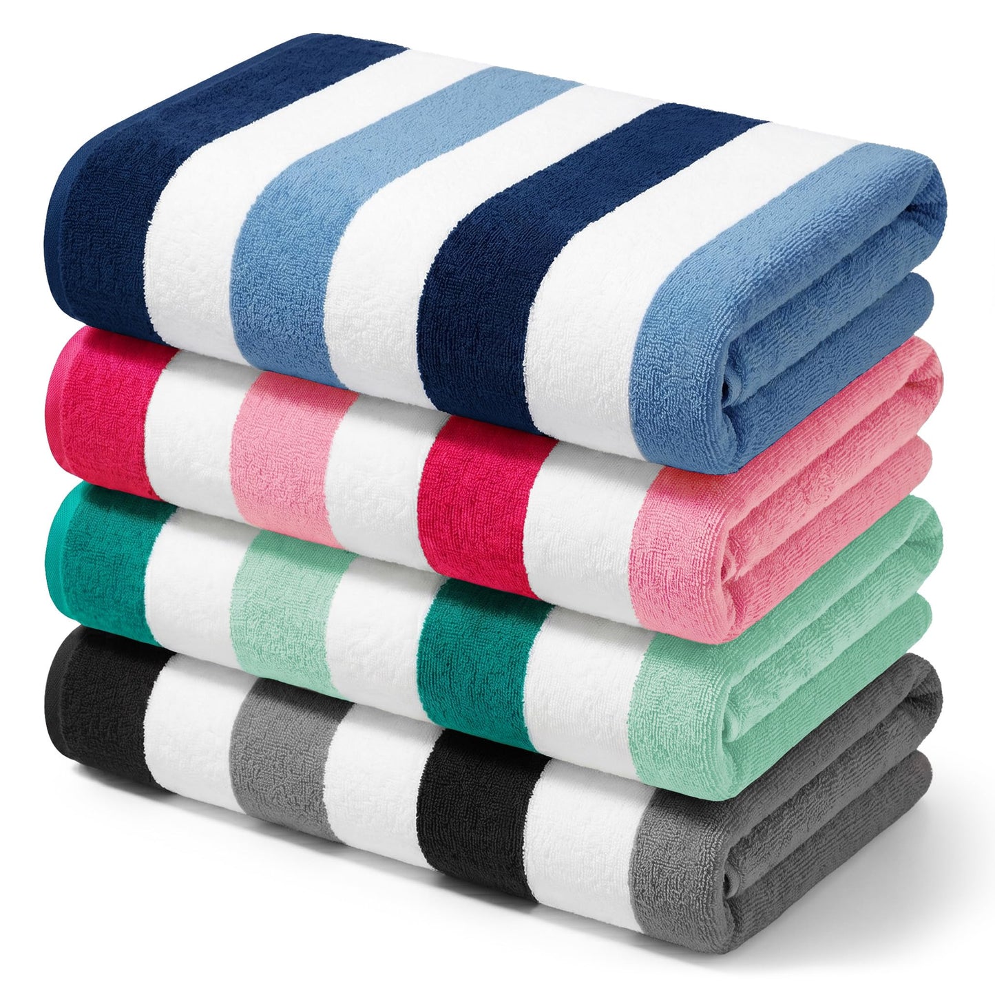 Exclusivo Mezcla 4-Pack Cotton Oversized 35"x70" Cabana Stripe Beach Towels, Super Absorbent Soft Plush Pool Towel, Bath Towel (Mixed Pink/Grey/Navy/Green)
