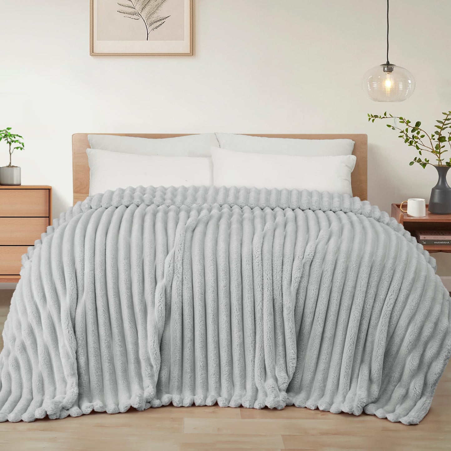 Exclusivo Mezcla California King Size Flannel Fleece Blanket, Super Soft Striped Jacquard Bed Oversized Blanket, Lightweight Fuzzy Cozy for All Seasons, 120x120 Inches, Light Grey