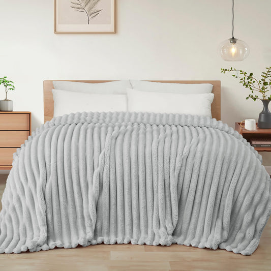 Exclusivo Mezcla California King Size Flannel Fleece Blanket, Super Soft Striped Jacquard Bed Oversized Blanket, Lightweight Fuzzy Cozy for All Seasons, 120x120 Inches, Light Grey