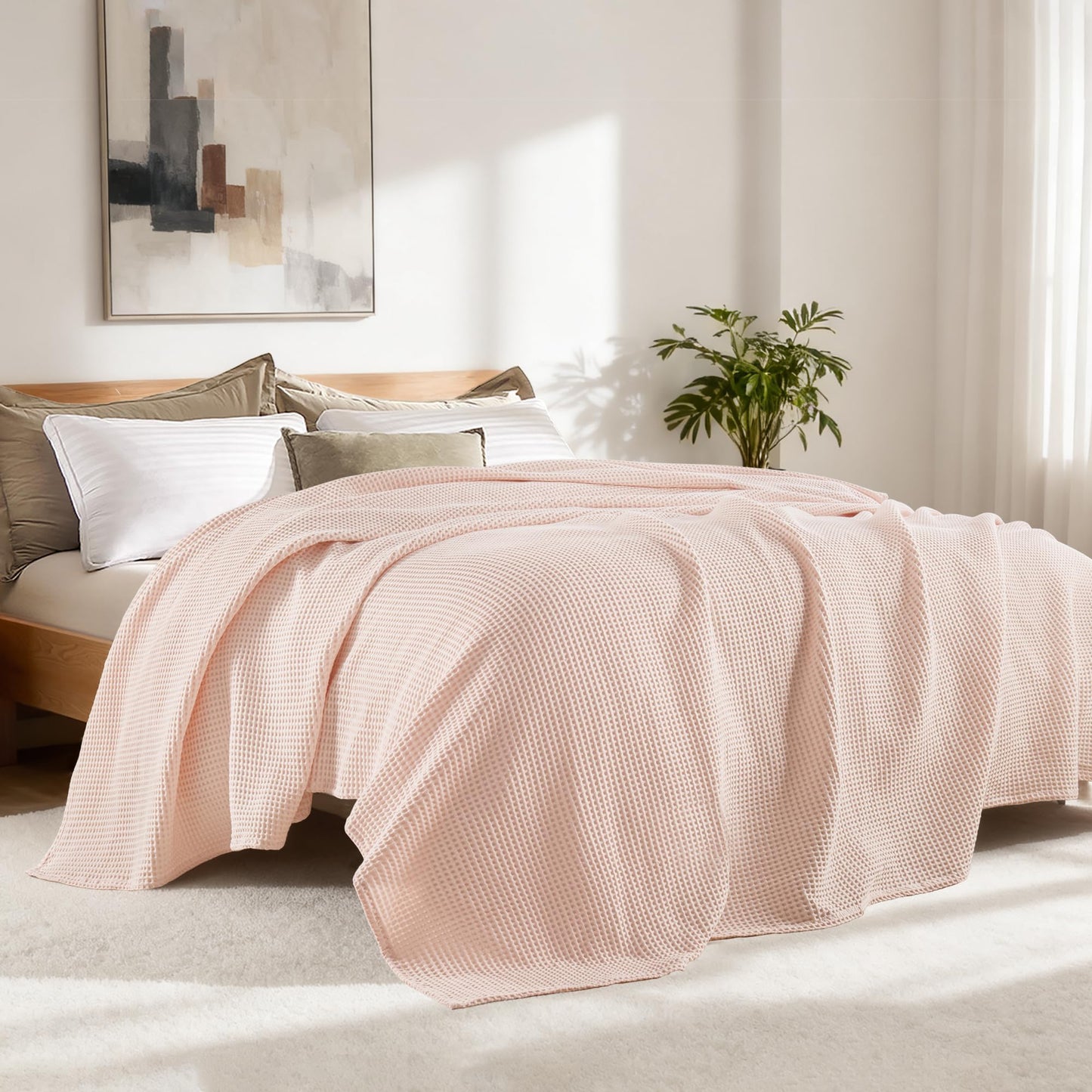 Exclusivo Mezcla 100% Cotton Waffle Weave Blanket Queen Size, Soft, Lightweight and Breathable Muslin Gauze Blanket for Bed, All Season, 90"x90", Pink