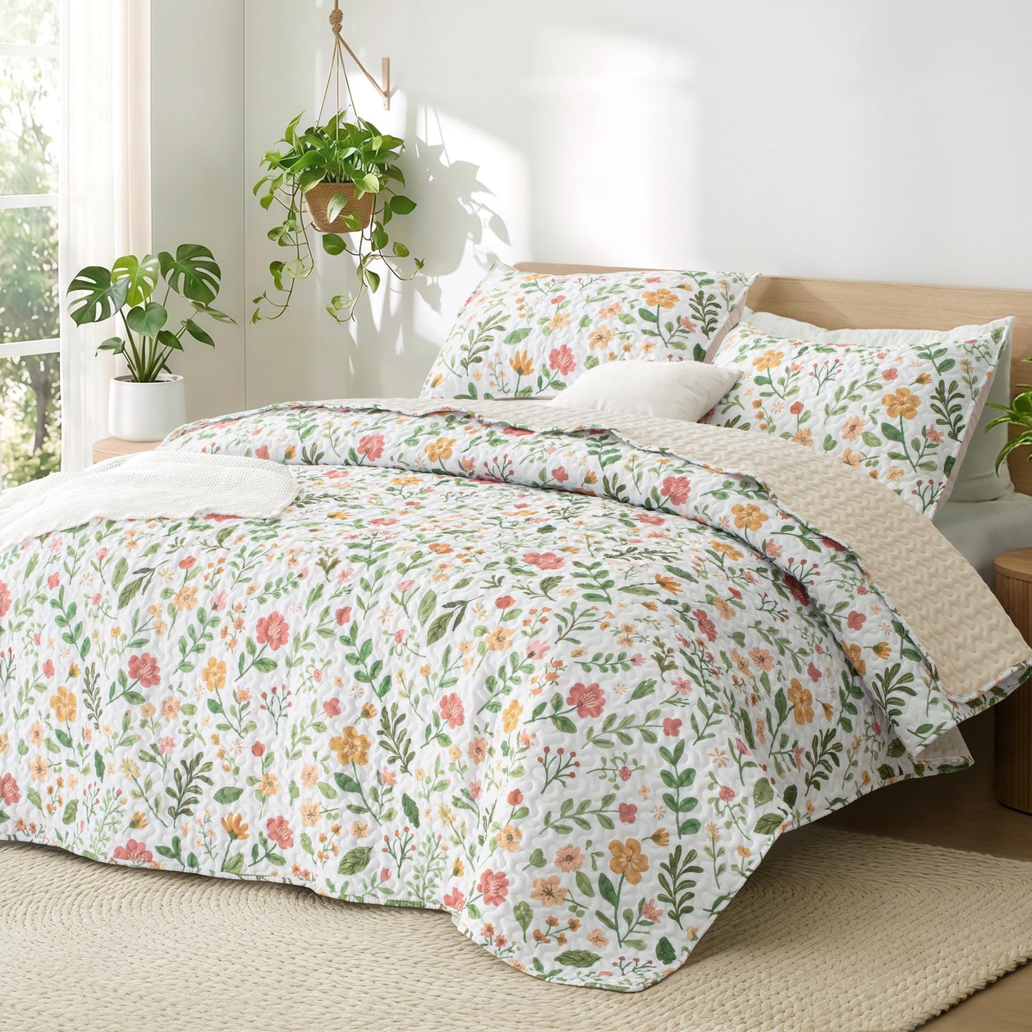 Exclusivo Mezcla Floral Quilt King Size, White King size Quilt Bedding set with Cottagecore Botanical Pattern , Reversible Lightweight Spring Bedspreads Coverlets Bed Cover for All Seasons (104"x96")