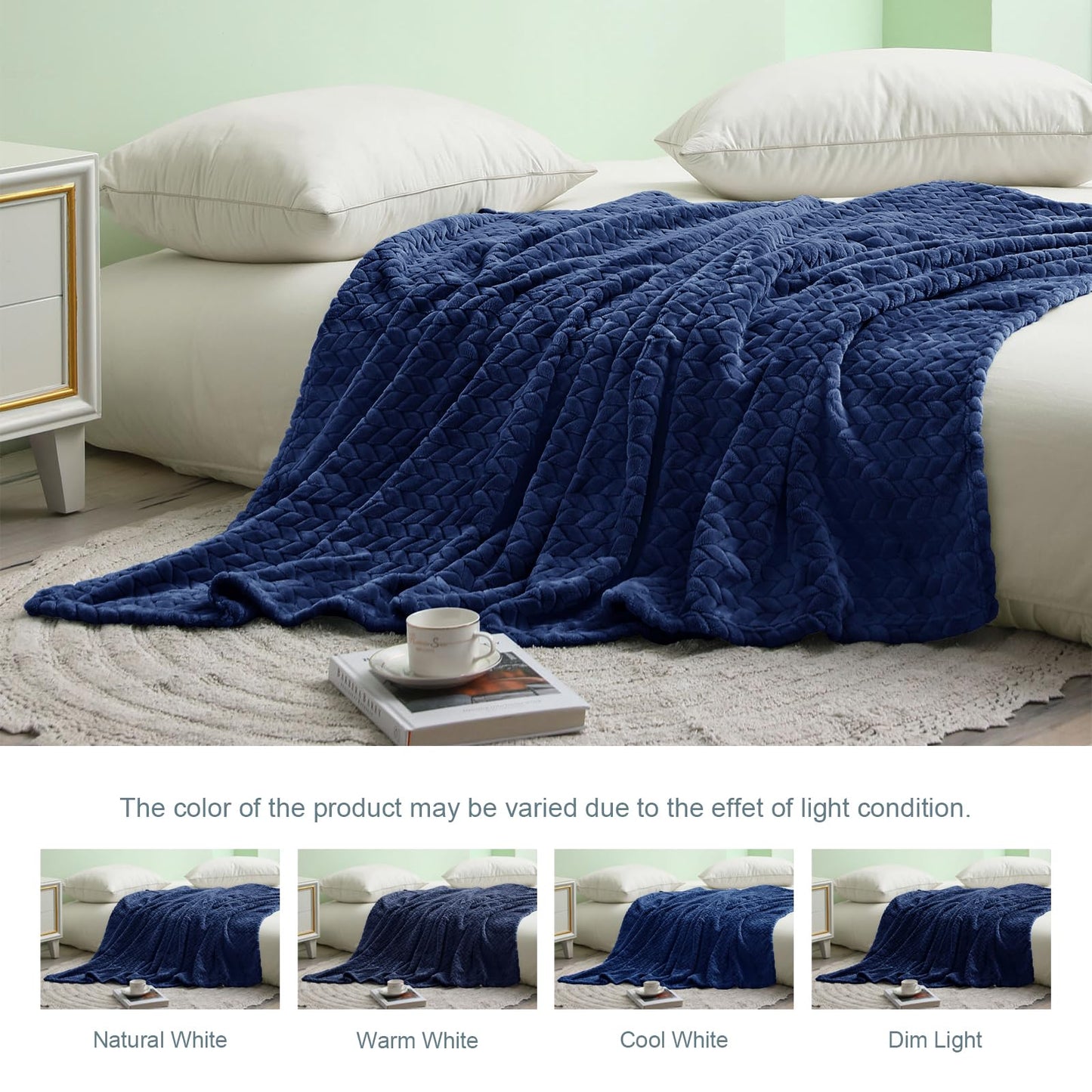 Exclusivo Mezcla Fleece Twin Size Blanket for Bed, 60x80 Inches Soft Cozy Jacquard Flannel Blankets, Lightweight Fuzzy Plush Warm for Women, Navy Blue