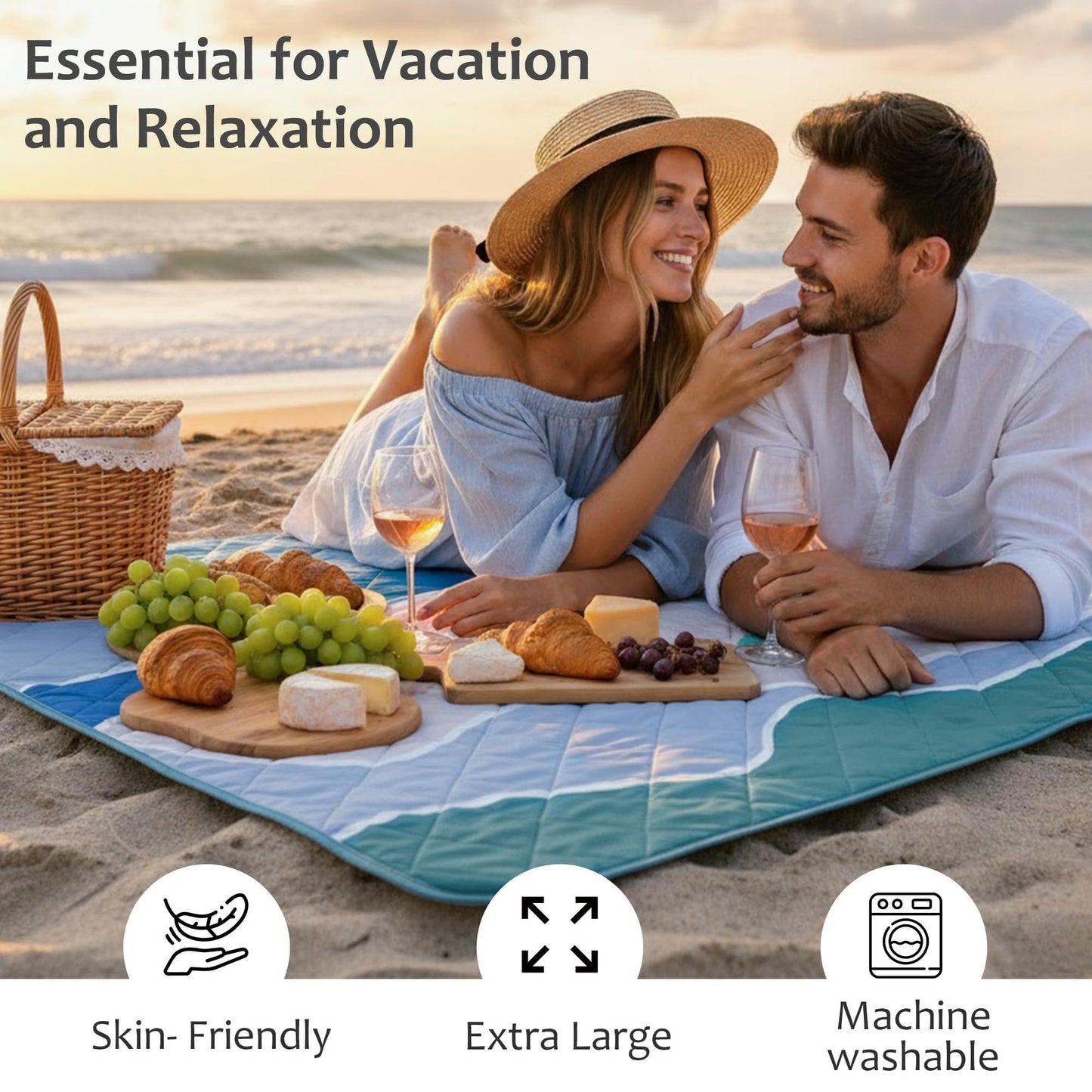 Exclusivo Mezcla Waterproof Picnic Blankets 3-Layer 80"x 80" Large Sandproof Beach Blanket Foldable Outdoor Blanket for Camping on Grass Picnic Mat, Waved Blue