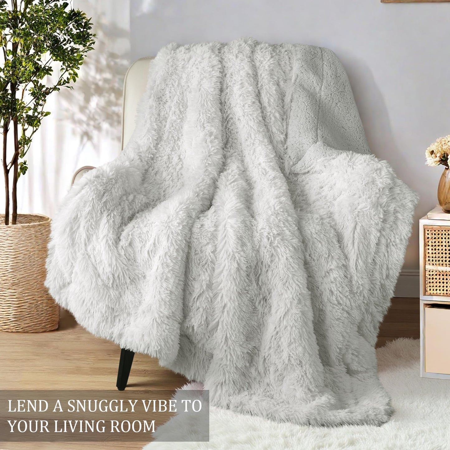 Exclusivo Mezcla Fuzzy Faux Fur Throw Blanket, Reversible Shaggy Sherpa Fleece Blankets,Fluffy Plush Warm Throws for Couch, Bed, 50x60 Inches, Light Grey