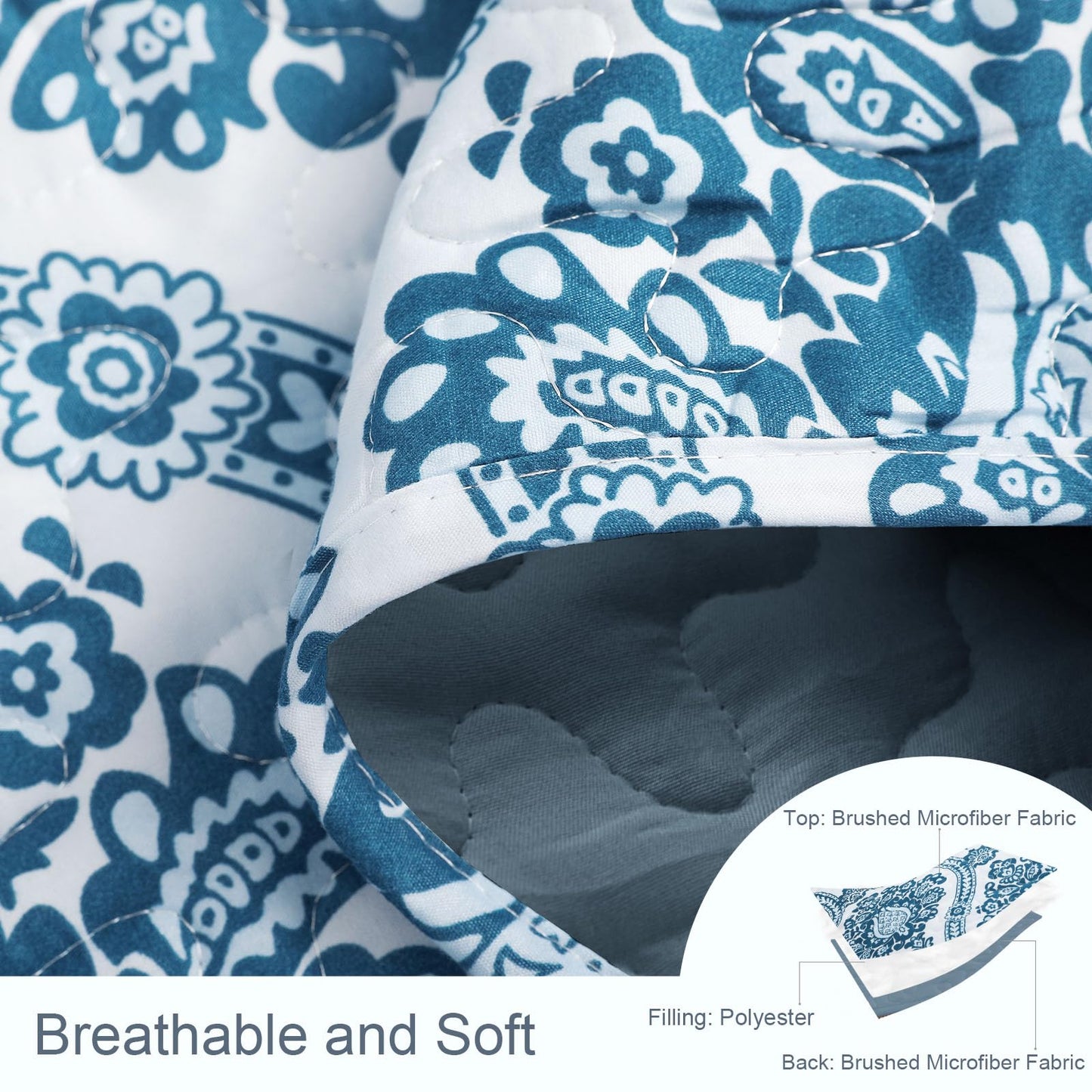Exclusivo Mezcla Reversible Boho California King Quilt, Blue Soft Bedspreads Lightweight Coverlet All Season Damask Quilts Bedding Set with Printed Floral Pattern (1 Quilt, 2 Pillow Shams)