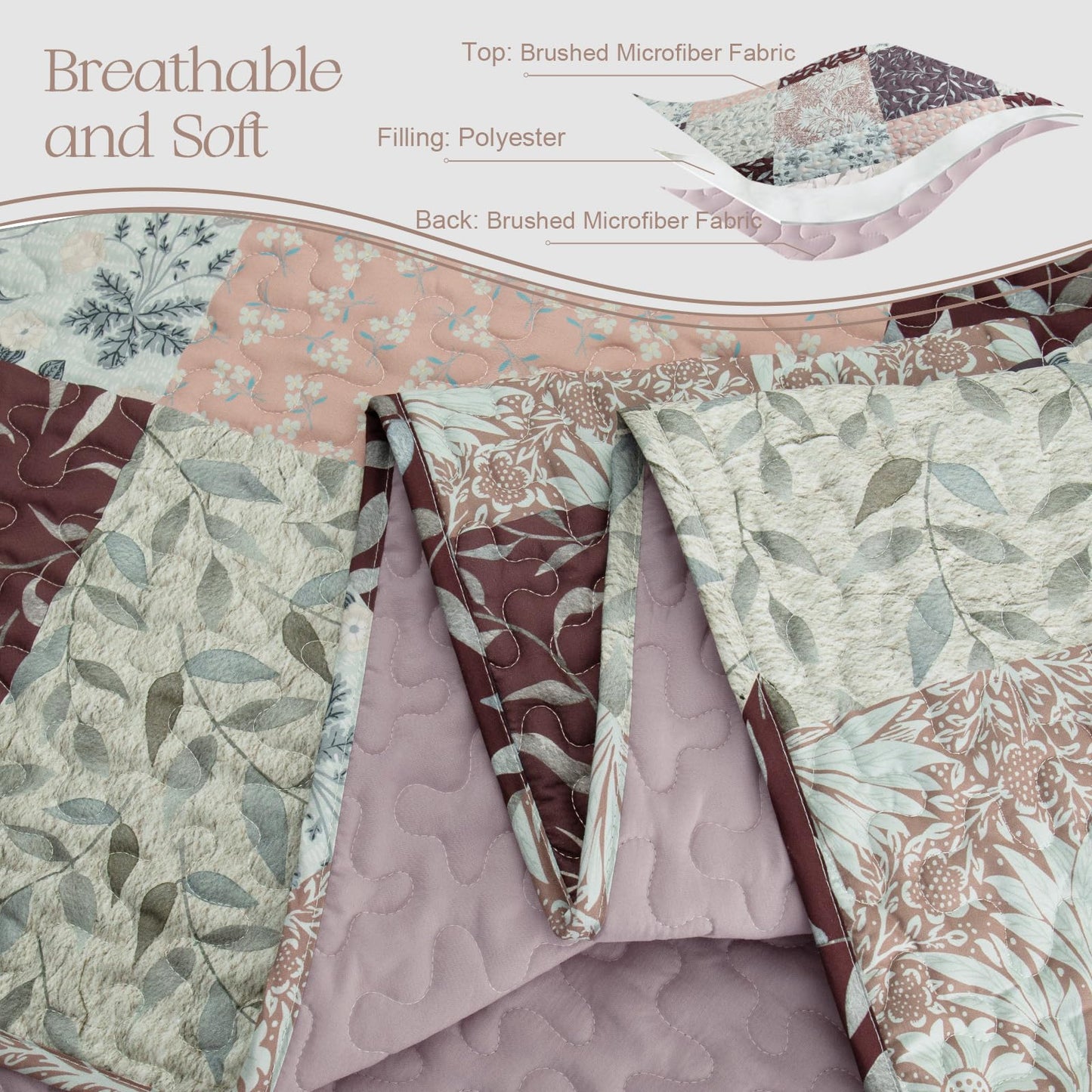 Exclusivo Mezcla Reversible Boho California King Quilt, Brown Soft Bedspreads Lightweight Coverlet All Season Patchwork Quilts Bedding Set with Printed Floral Pattern (1 Quilt, 2 Pillow Shams)