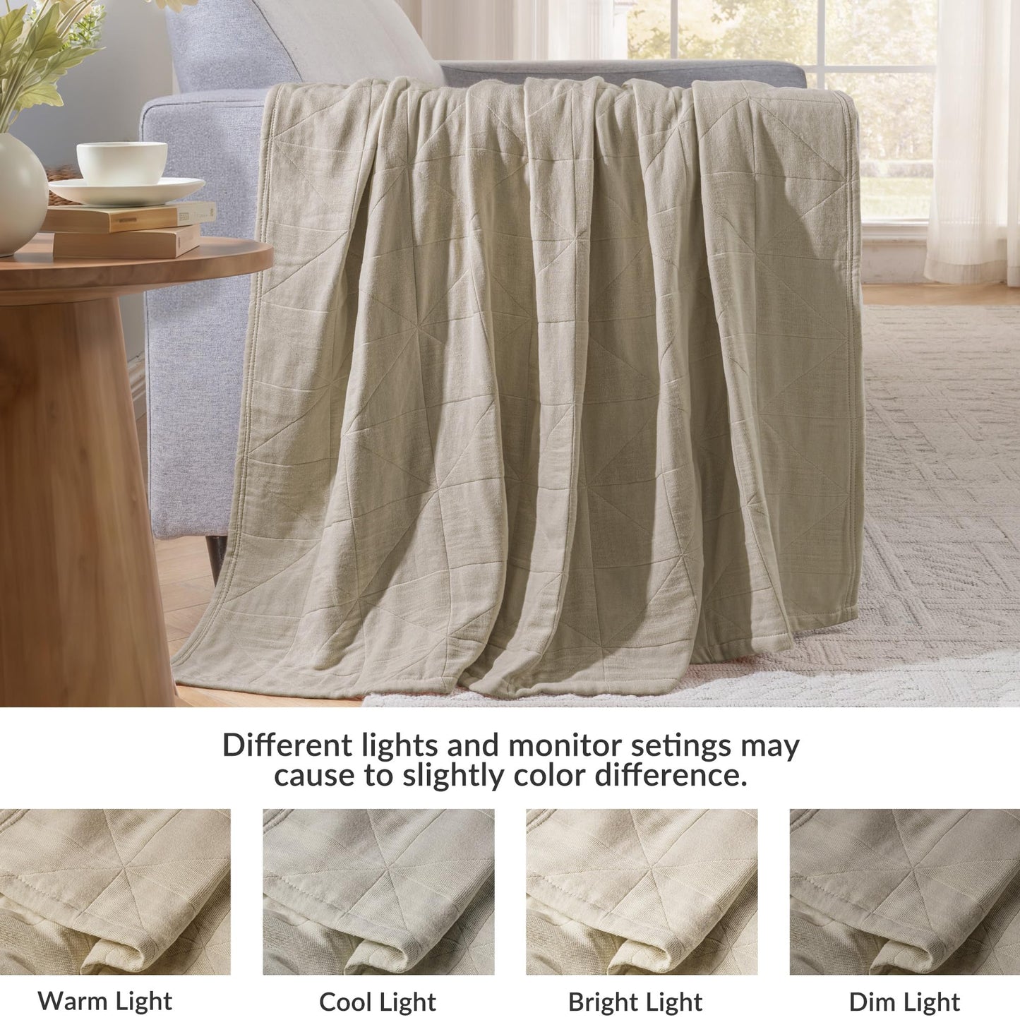 Exclusivo Mezcla 100% Cotton 4 Layers Muslin Throw Blanket for Couch, Moisture-wicking and Breathable Gauze Blanket with Geometric Pattern for Year Round Comfort, 50"x60", Khaki