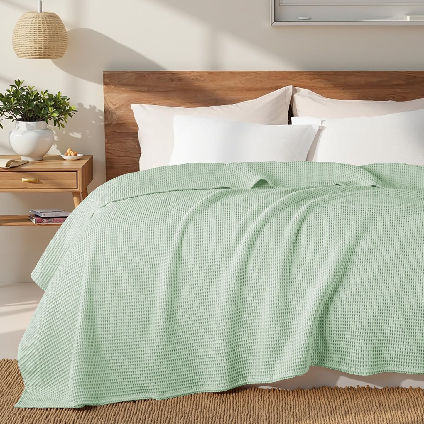 Exclusivo Mezcla 100% Cotton Waffle Weave Blanket King Size, Soft, Lightweight and Breathable Muslin Gauze Blanket for Bed, All Season, 90"x104", Sage Green