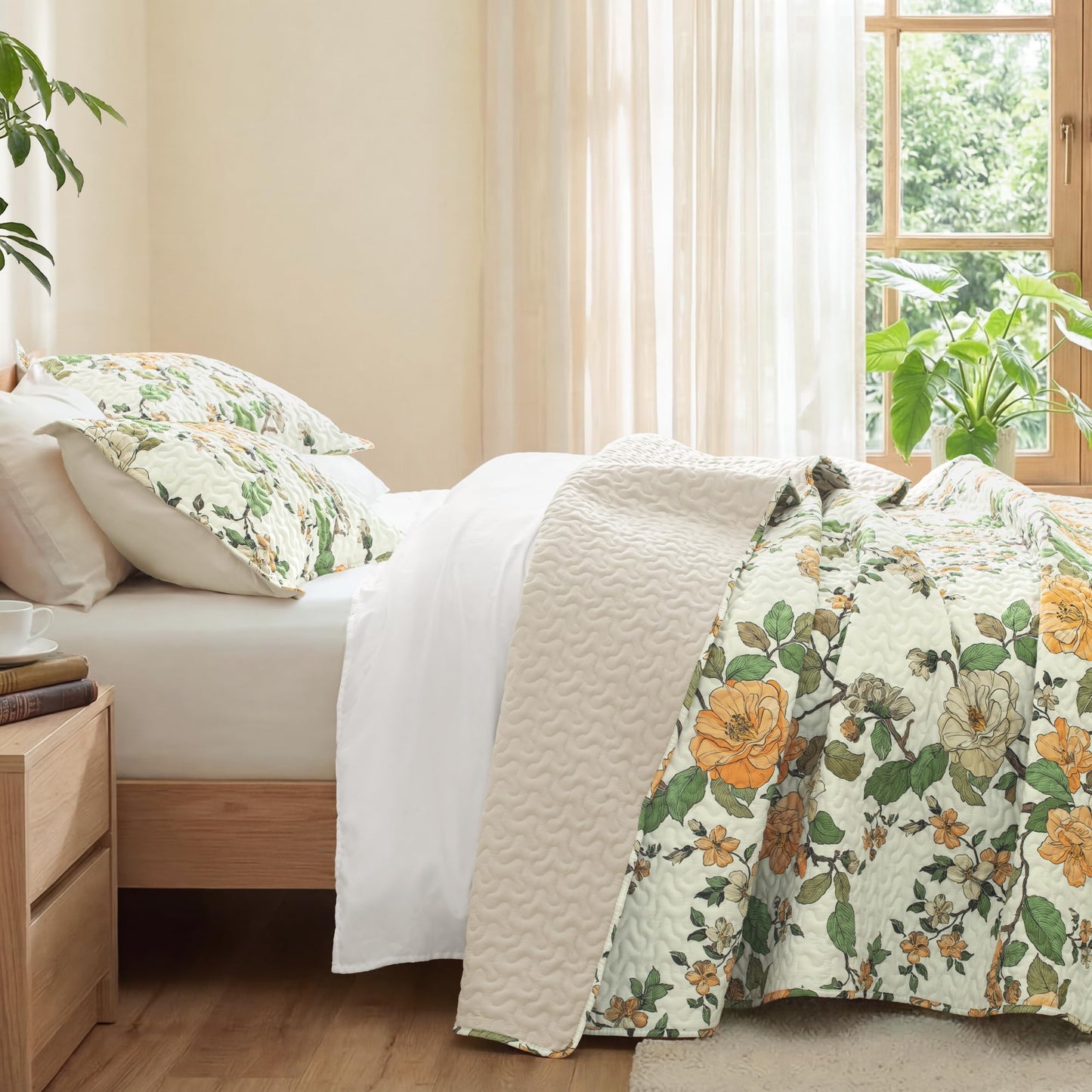 Exclusivo Mezcla Floral Quilts Queen Size, Yellow Queen Quilt Bedding set with Cottagecore Garden Pattern , Reversible Lightweight Spring Bedspreads Coverlets Bed Cover for All Seasons (92"x96"