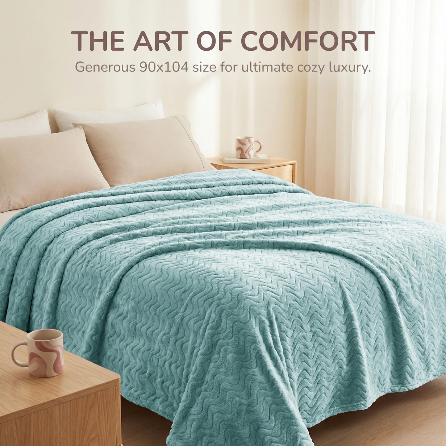Exclusivo Mezcla King Size Jacquard Weave Wave Pattern Flannel Fleece Velvet Plush Bed Blanket as Bedspread/Coverlet/Bed Cover (90" x 104", Celadon) - Soft, Lightweight, Warm and Cozy