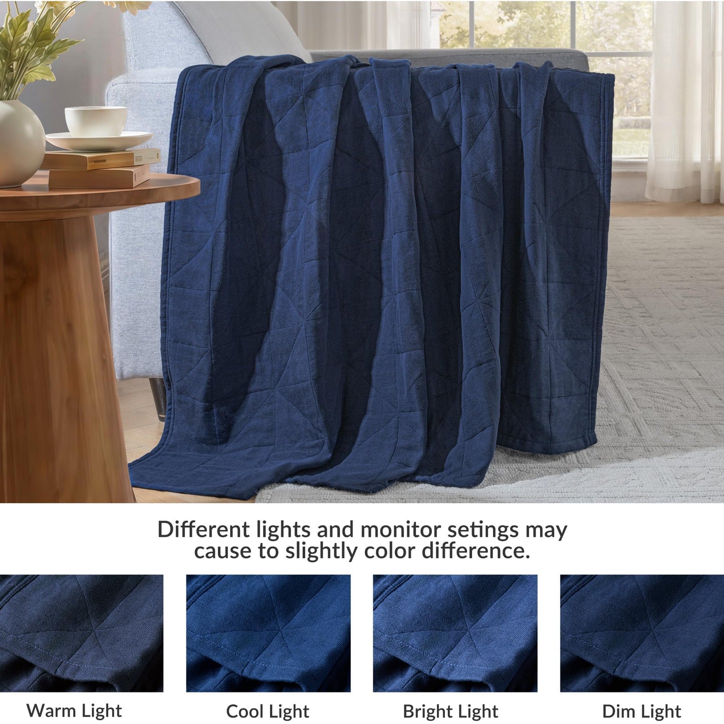 Exclusivo Mezcla 100% Cotton 4 Layers Muslin Throw Blanket for Couch, Moisture-wicking and Breathable Gauze Blanket with Geometric Pattern for Year Round Comfort, 50"x60", Navy Blue