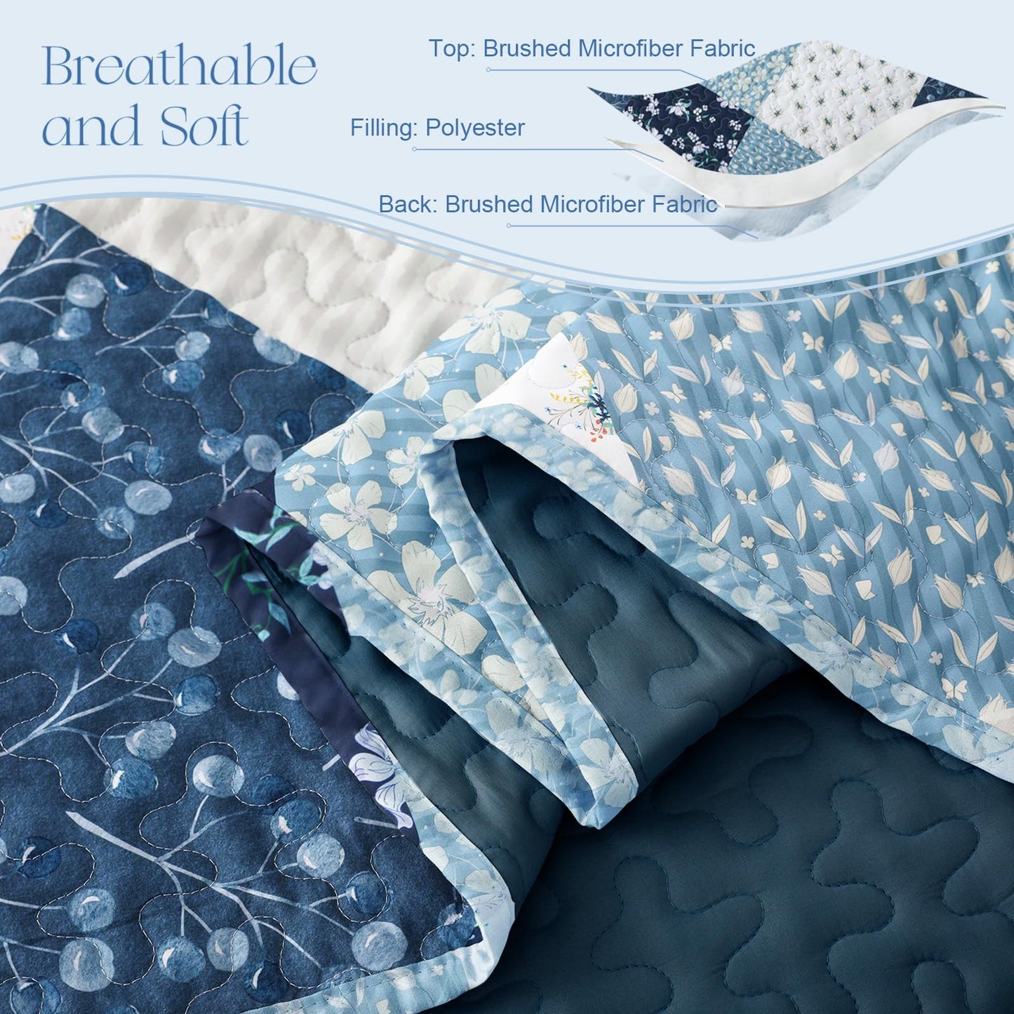 Exclusivo Mezcla Reversible Boho California King Quilt, Blue Soft Bedspreads Lightweight Coverlet All Season Patchwork Quilts Bedding Set with Printed Floral Pattern (1 Quilt, 2 Pillow Shams)