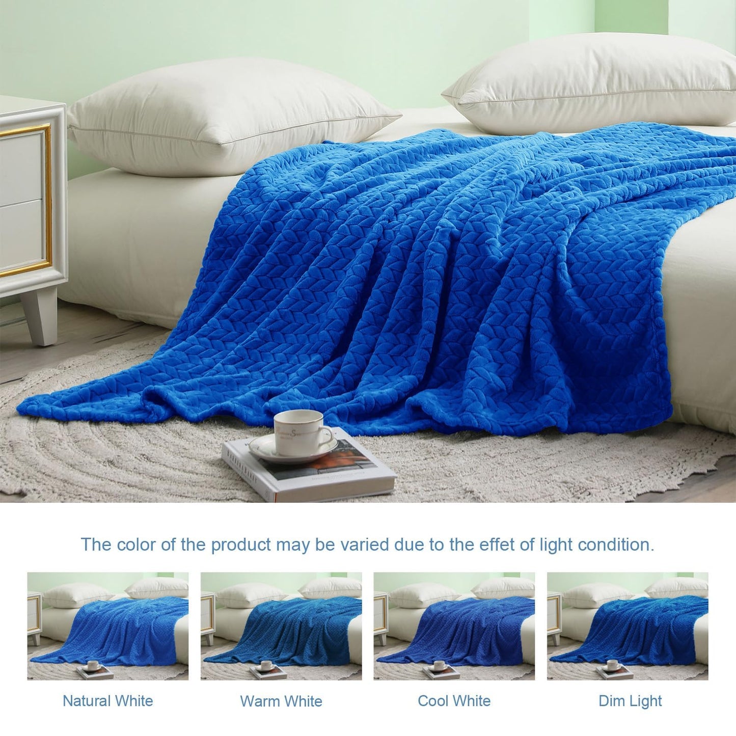 Exclusivo Mezcla Fleece King Size Blanket for Bed, 90x104 Inches Soft Cozy Jacquard Flannel Blankets, Lightweight Fuzzy Plush Warm for Women, Cobalt Blue