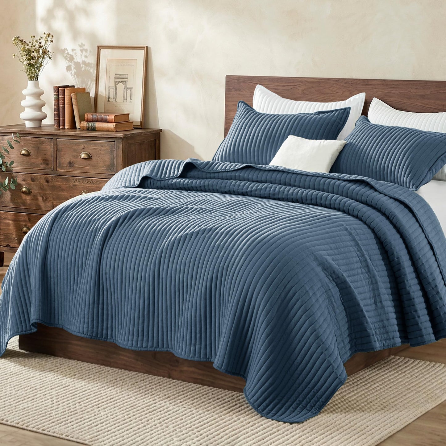 Exclusivo Mezcla Twin Quilt Bedding Set, Stripe Stitching Navy Blue Quilts Twin Size for All Seasons, Soft Lightweight Microfiber Bedspreads Coverlets Bed Cover, 68"x88"