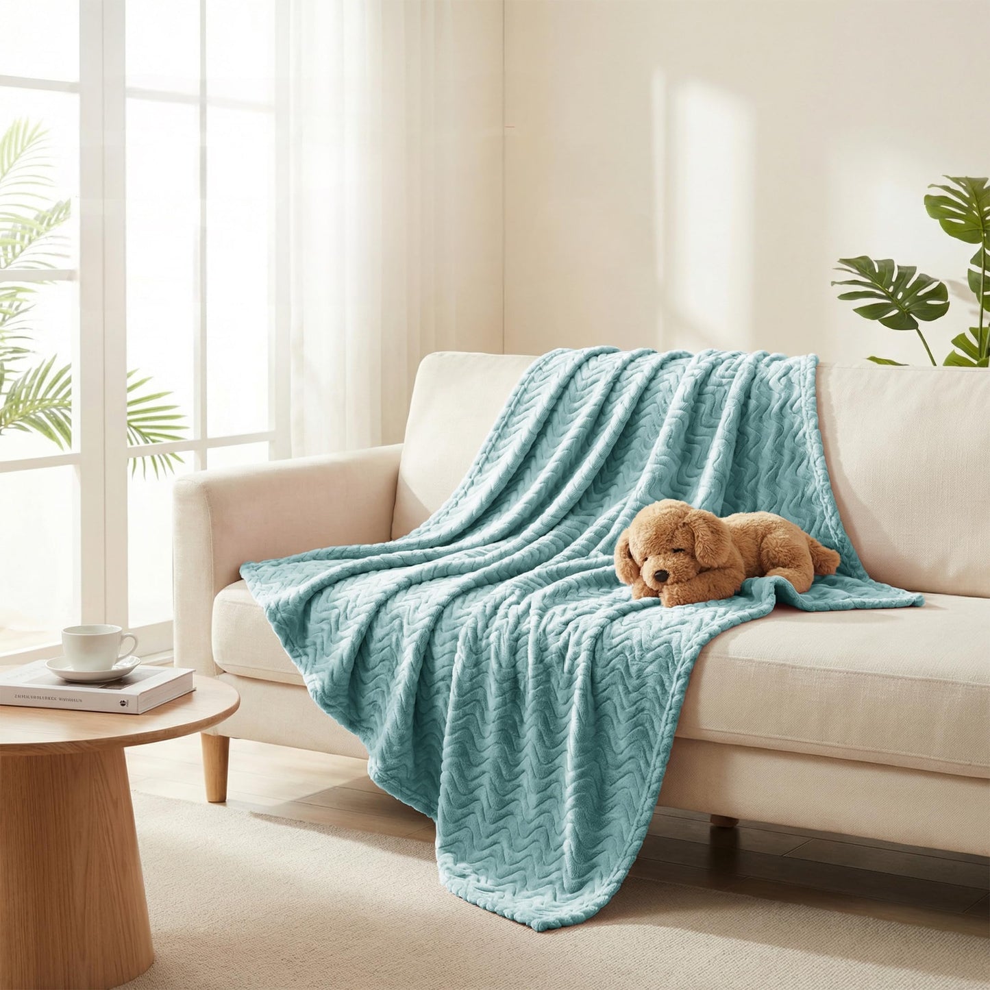 Exclusivo Mezcla King Size Jacquard Weave Wave Pattern Flannel Fleece Velvet Plush Bed Blanket as Bedspread/Coverlet/Bed Cover (90" x 104", Celadon) - Soft, Lightweight, Warm and Cozy