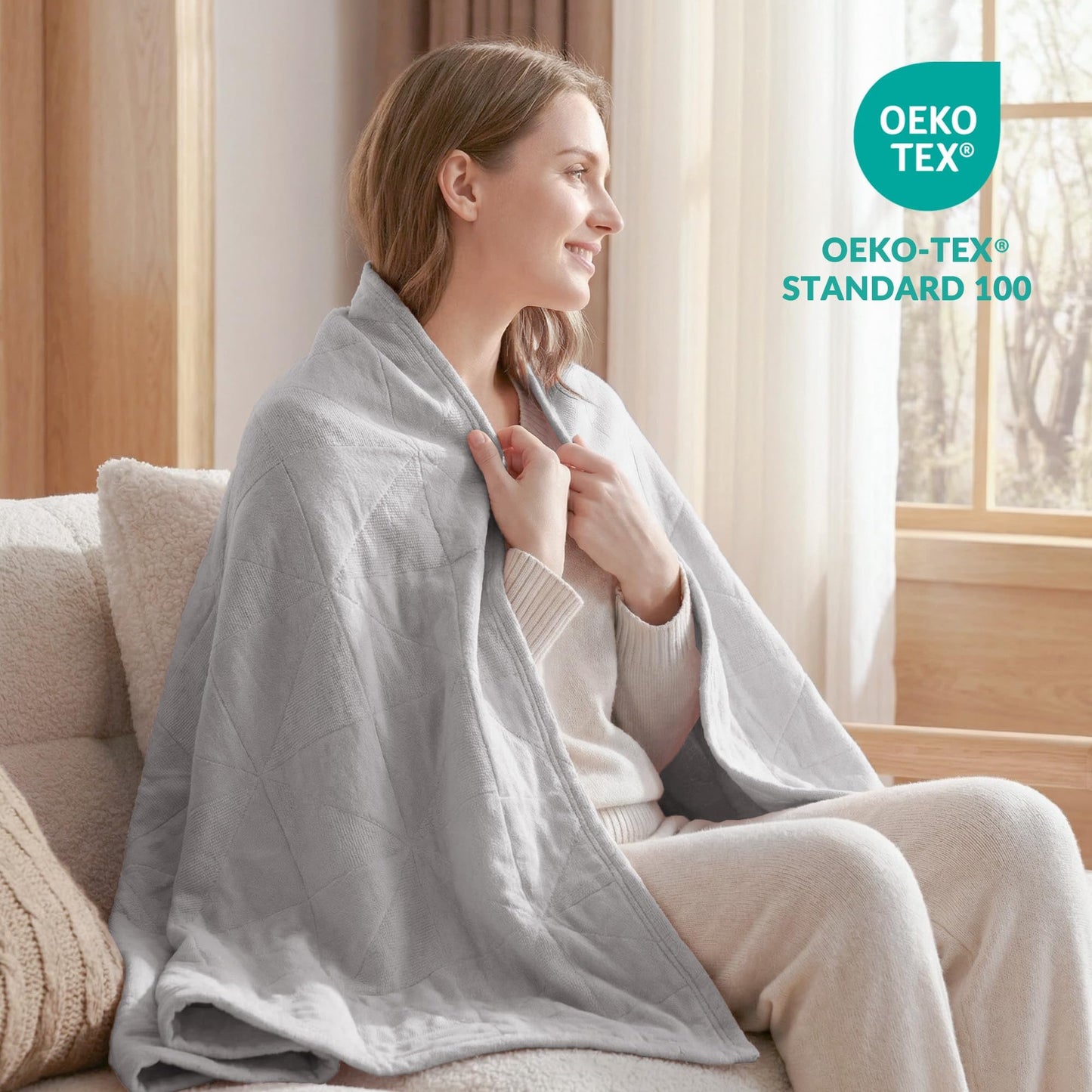 Exclusivo Mezcla 100% Cotton 4 Layers Muslin Throw Blanket for Couch, Moisture-wicking and Breathable Gauze Blanket with Geometric Pattern for Year Round Comfort, 50"x60", Light Grey
