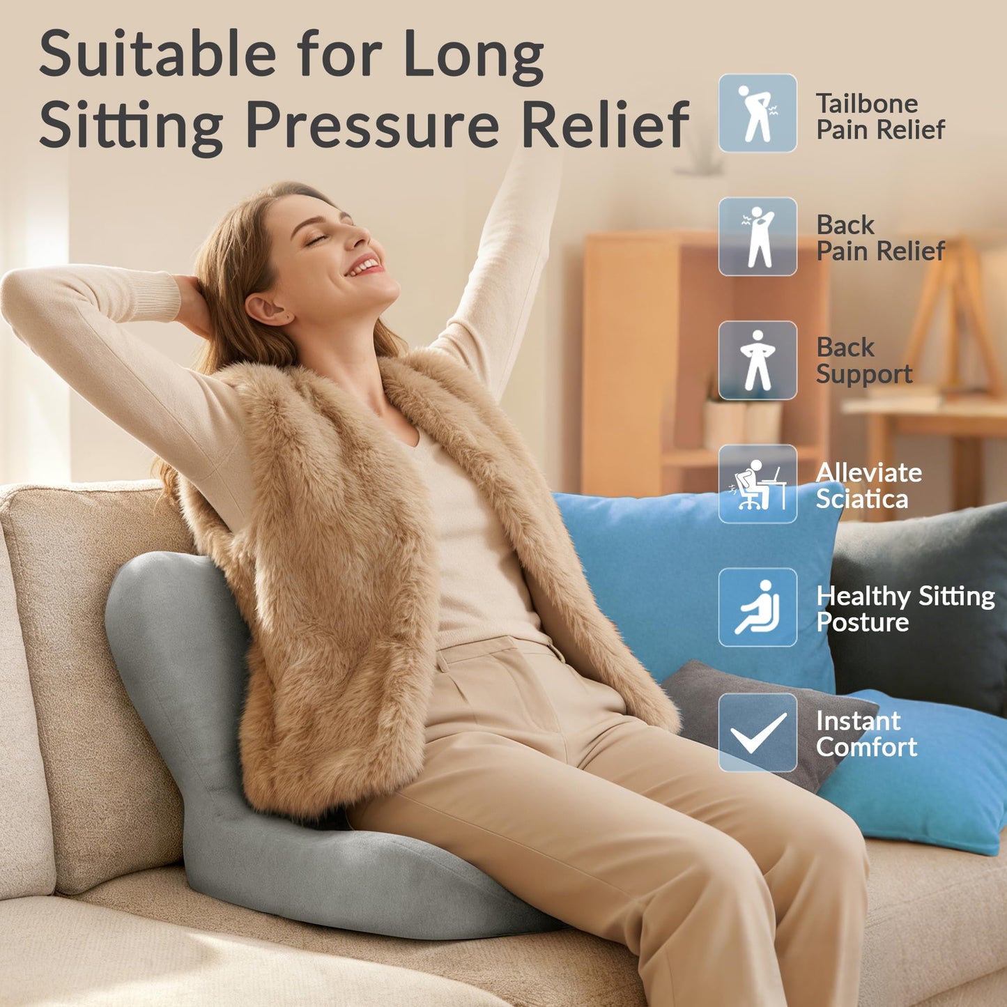 Exclusivo Mezcla Memory Foam Seat Cushion, Ergonomic Tailbone Pain Relief Cushions, Non-Slip Seat Pad for Office Chair and Car Seat, Light Grey