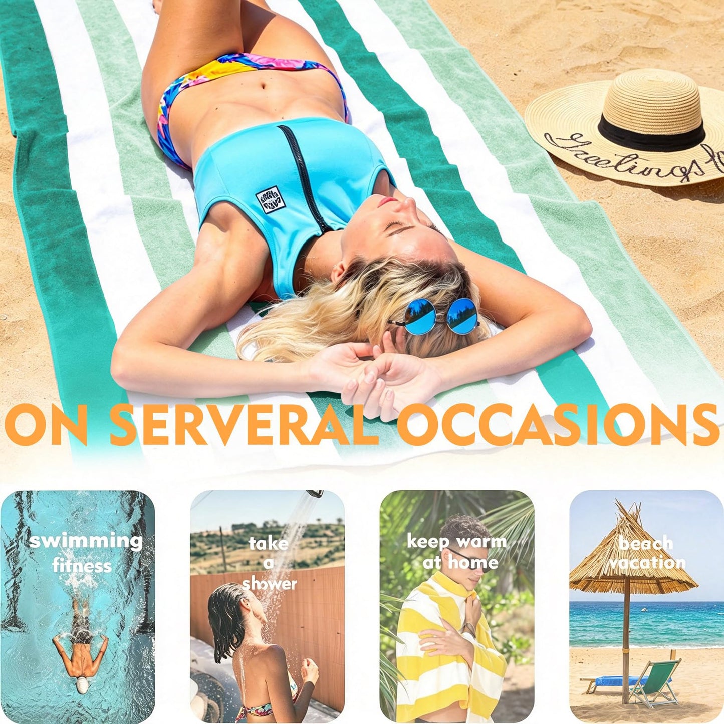Exclusivo Mezcla 4-Pack Cotton Oversized 35"x70" Cabana Stripe Beach Towels, Super Absorbent Soft Plush Pool Towel, Bath Towel (Mixed Green)