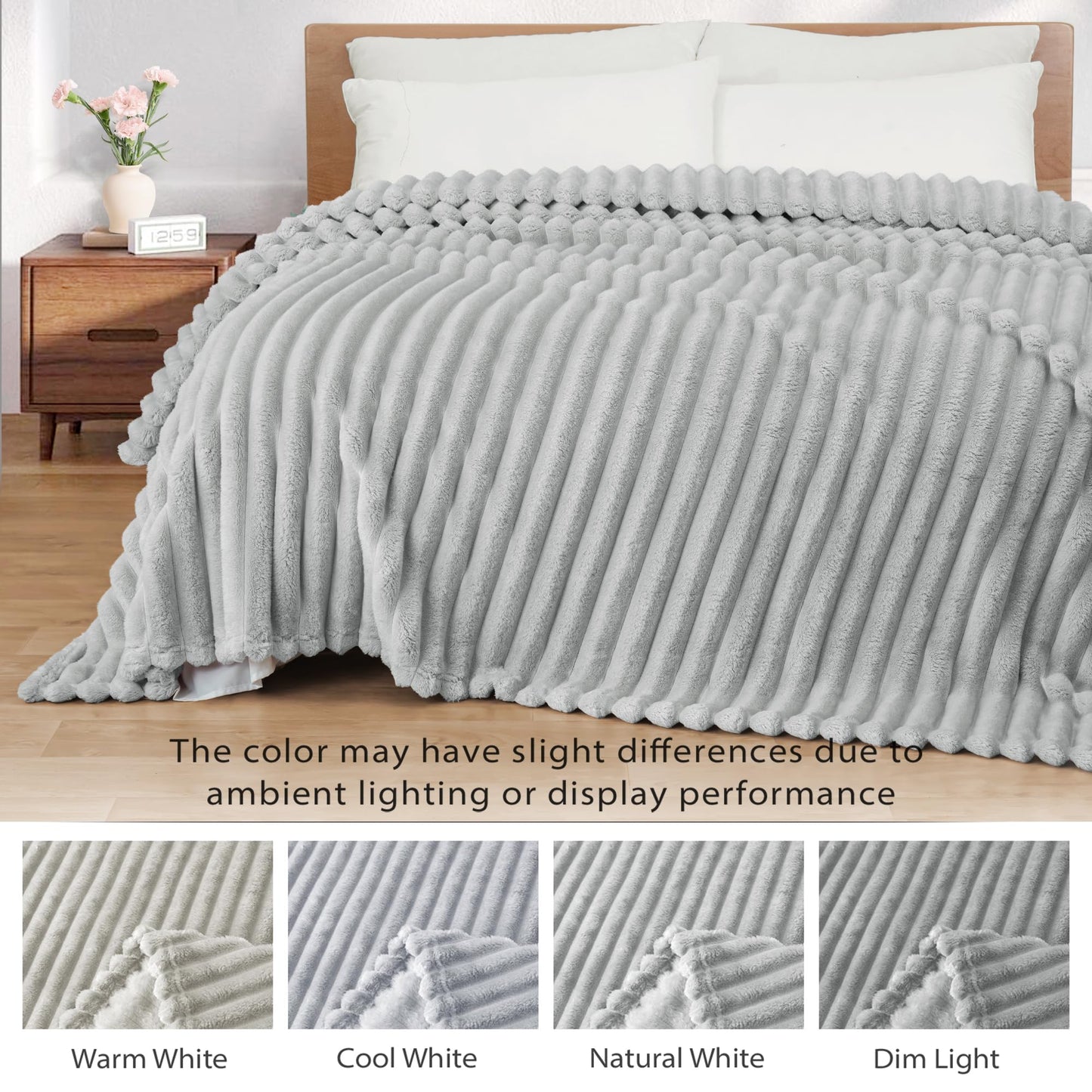 Exclusivo Mezcla California King Size Flannel Fleece Blanket, Super Soft Striped Jacquard Bed Oversized Blanket, Lightweight Fuzzy Cozy for All Seasons, 120x120 Inches, Light Grey