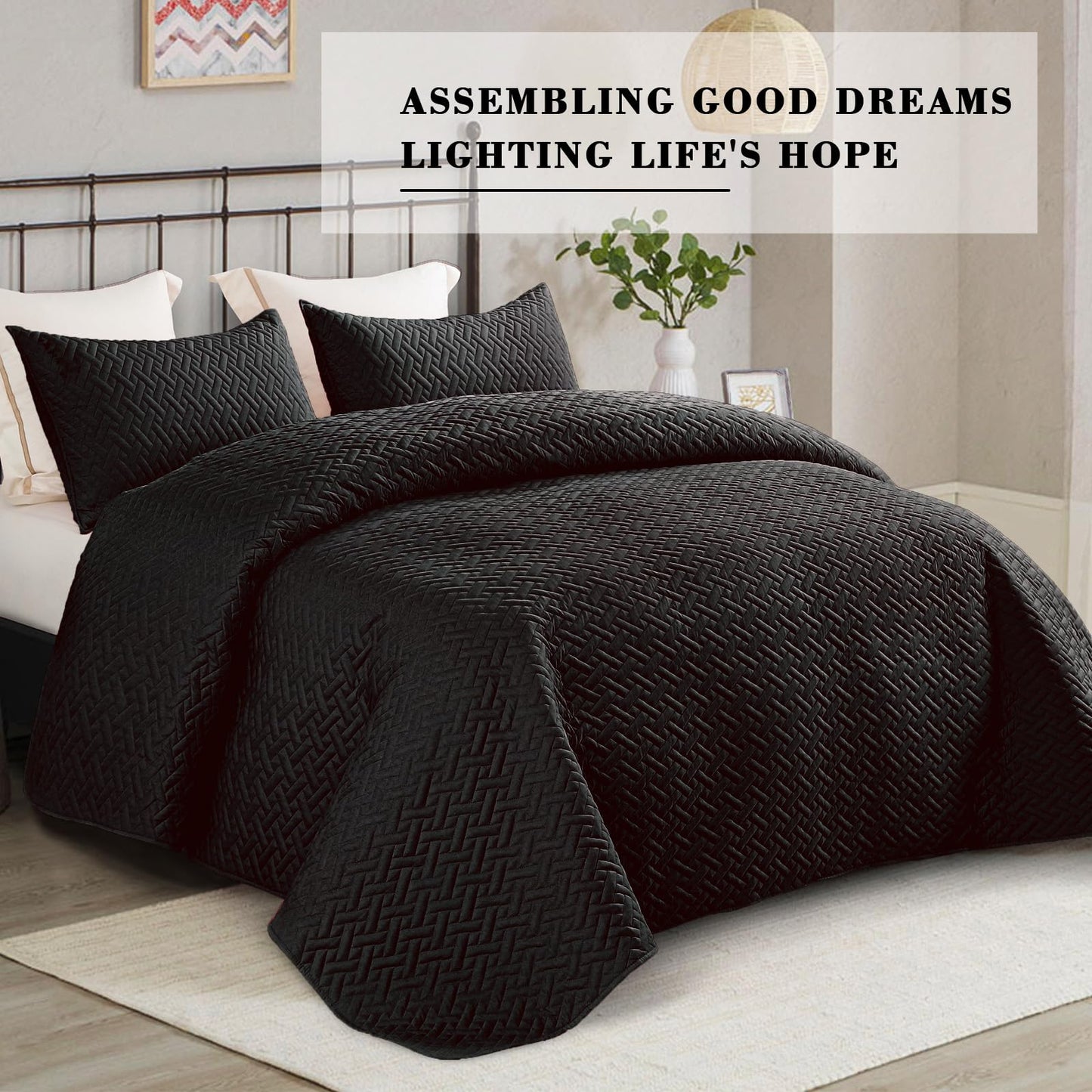 Exclusivo Mezcla 3-Piece Queen Size Quilt Set with Pillow Shams, Basket Quilted Bedspread/Coverlet/Bed Cover(96x90 inches, Black)-Soft, Lightweight and Reversible