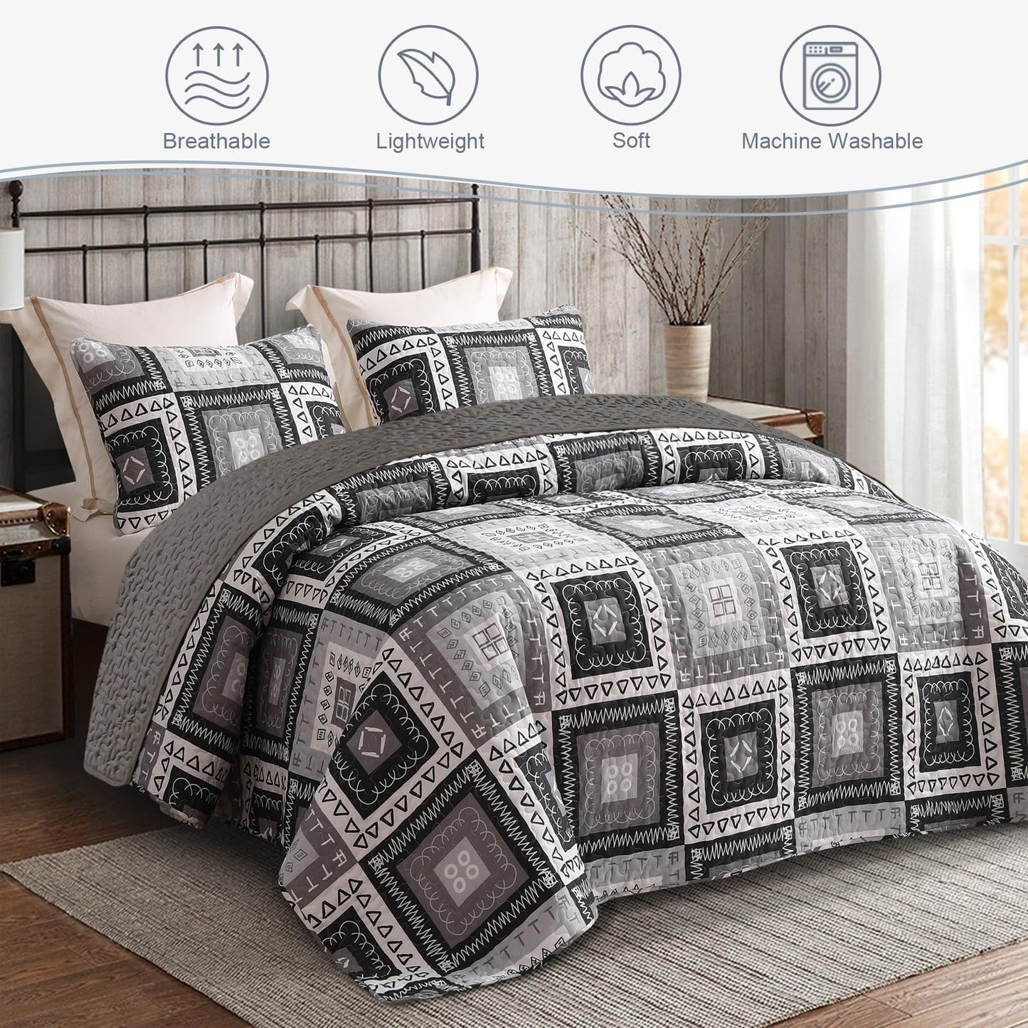Exclusivo Mezcla Reversible Boho Quilts Queen Size, Black Bedspreads Lightweight Coverlet All Season Patchwork Quilt Bedding Set with Printed Floral Pattern (1 Quilt, 2 Pillow Shams)