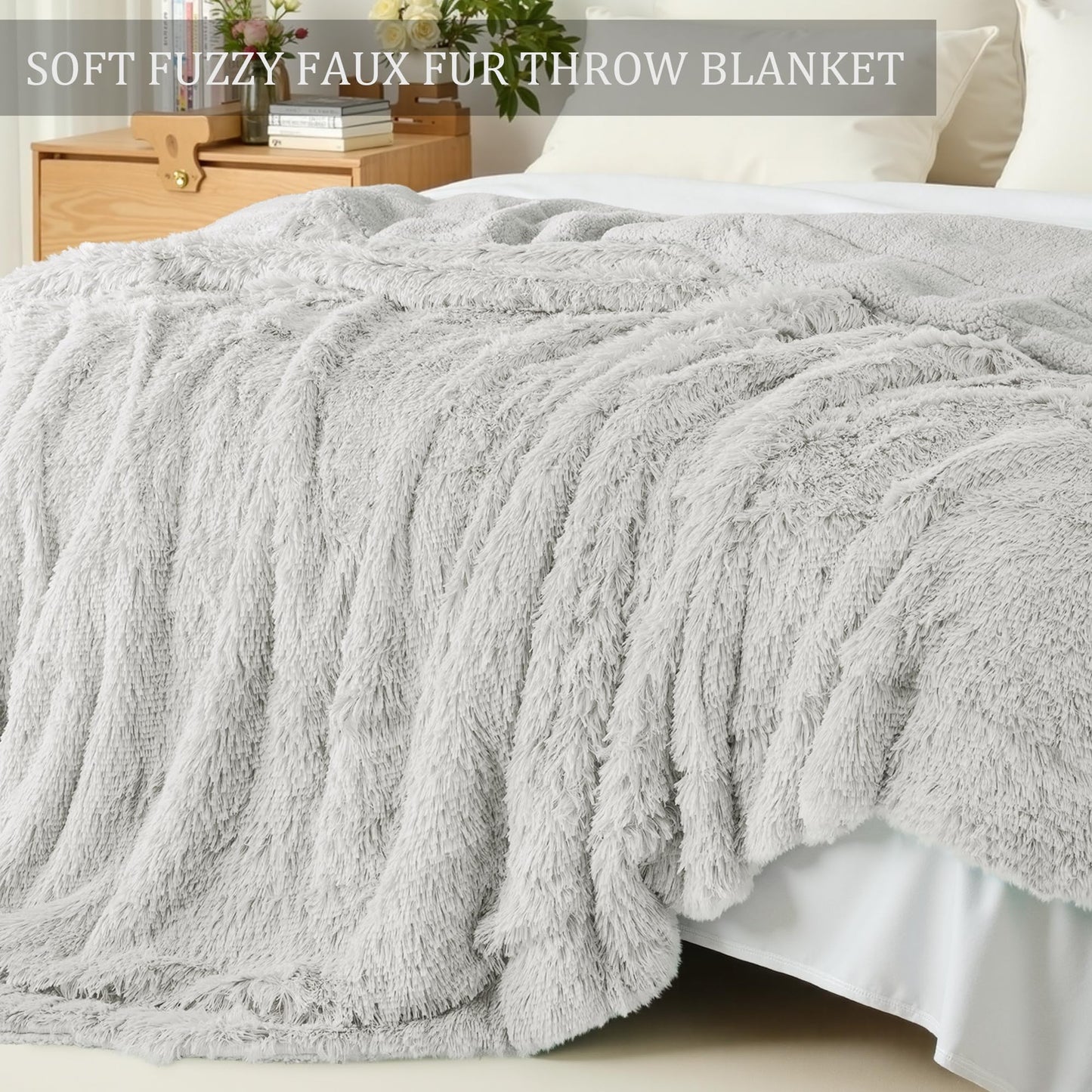 Exclusivo Mezcla Fuzzy Faux Fur Bed Blanket King Size, Reversible Shaggy Sherpa Fleece Blankets,Fluffy Plush Warm Throws for Couch, Bed, 90X104 Inches, Light Grey