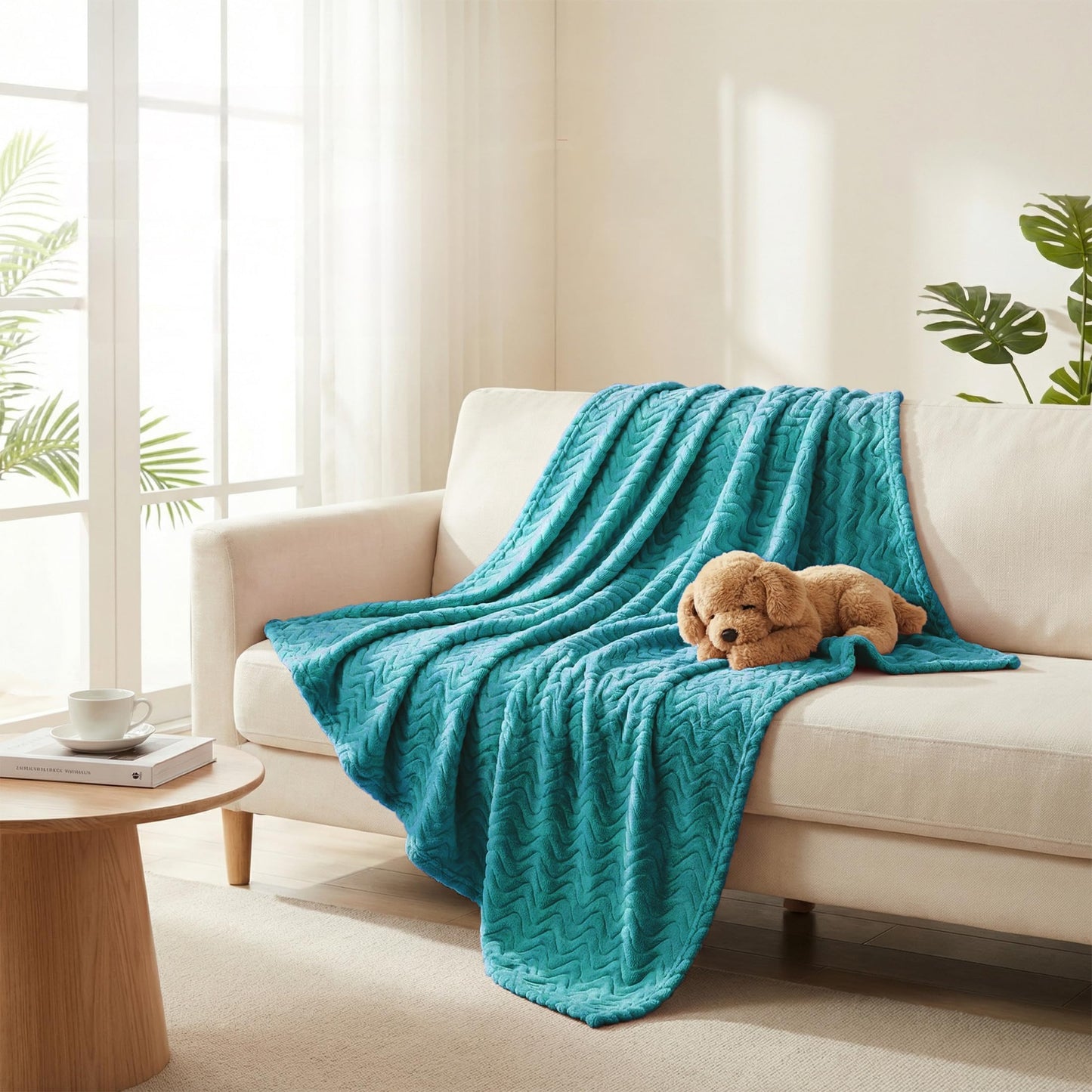 Exclusivo Mezcla Queen Size Jacquard Weave Wave Pattern Flannel Fleece Velvet Plush Bed Blanket as Bedspread/Coverlet/Bed Cover (90" x 90", Teal) - Soft, Lightweight, Warm and Cozy