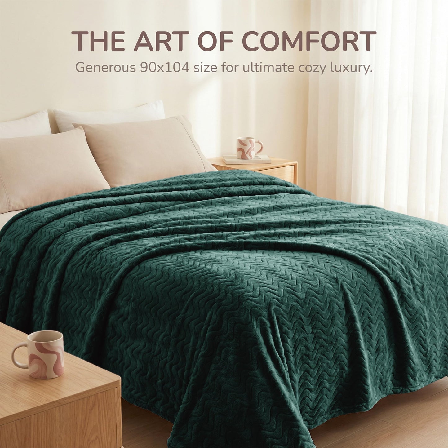 Exclusivo Mezcla Twin Size Jacquard Weave Wave Pattern Flannel Fleece Velvet Plush Bed Blanket as Bedspread/Coverlet/Bed Cover (90" x 66", Forest Green) - Soft, Lightweight, Warm and Cozy