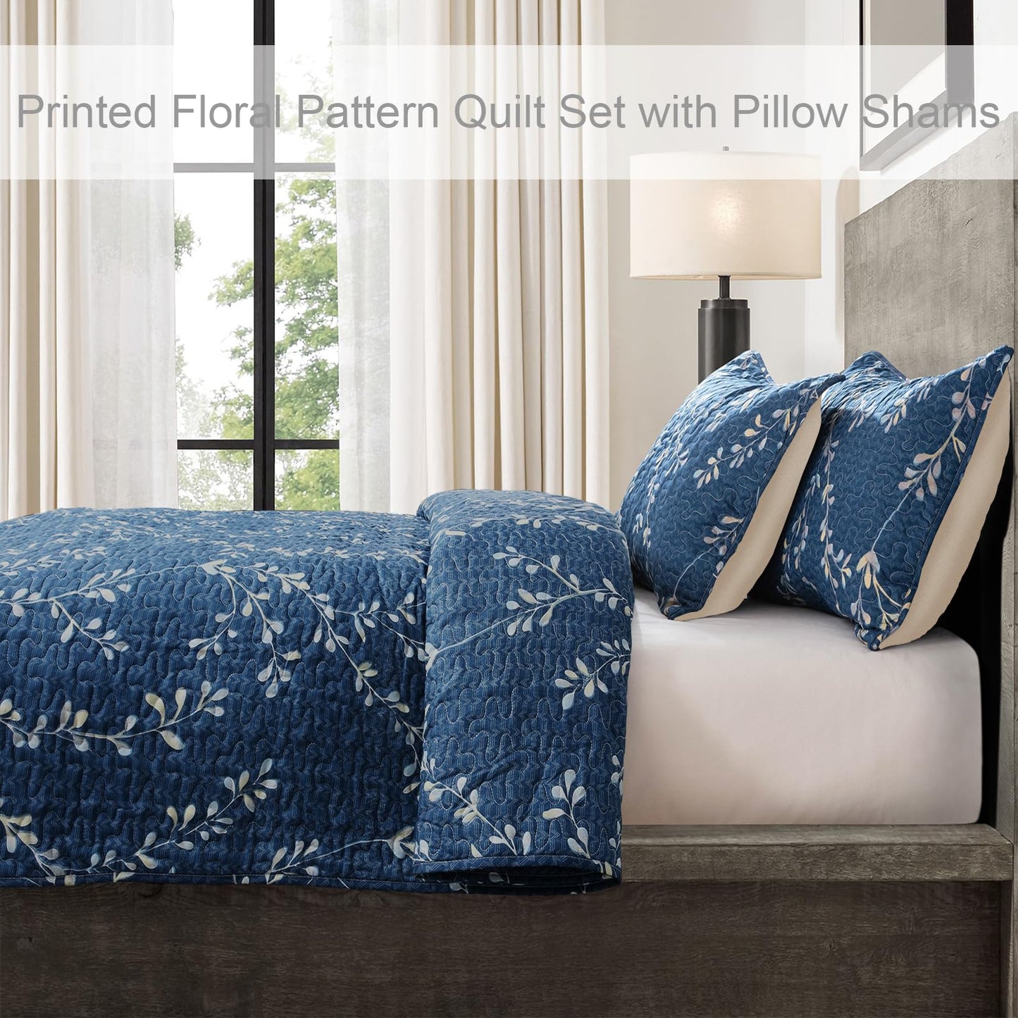 Exclusivo Mezcla Microfiber King Size Quilt Set, 3 Piece Lightweight Bedspreads/ Coverlet/ Bedding Set with 2 Pillow Shams, Gradient Floral Pattern, (96"x 104", Navy)