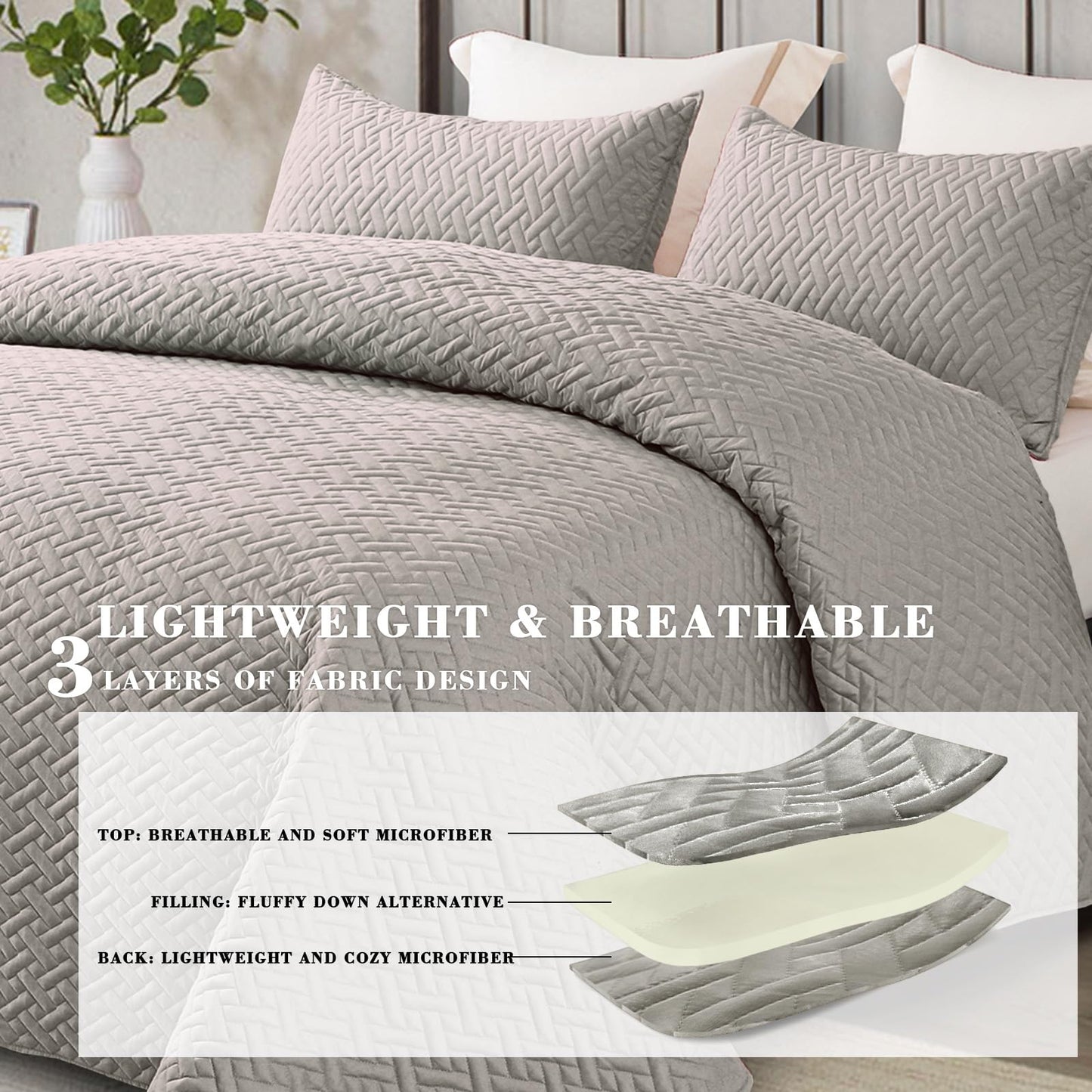 Exclusivo Mezcla 3-Piece Queen Size Quilt Set with Pillow Shams, Basket Quilted Bedspread/Coverlet/Bed Cover(96x90 inches, Light Grey)-Soft, Lightweight and Reversible
