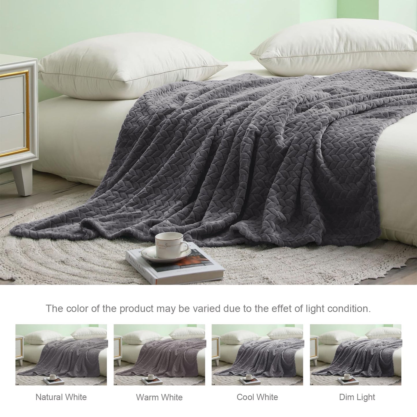 Exclusivo Mezcla Fleece Twin Size Blanket for Bed, 60x80 Inches Soft Cozy Jacquard Flannel Blankets, Lightweight Fuzzy Plush Warm for Women, Dark Grey